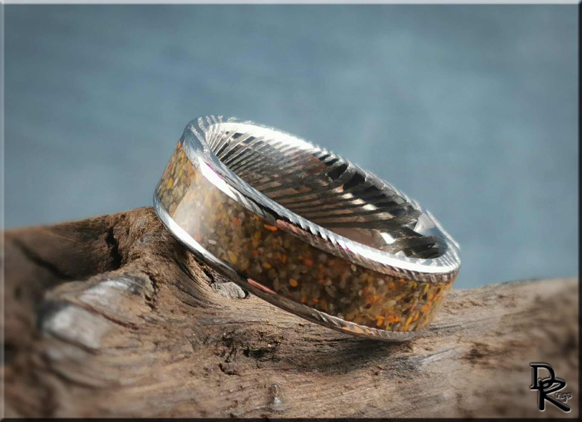 Genuine Damascus Steel Channel Ring w/Bumblebee Jasper inlay - metal ring