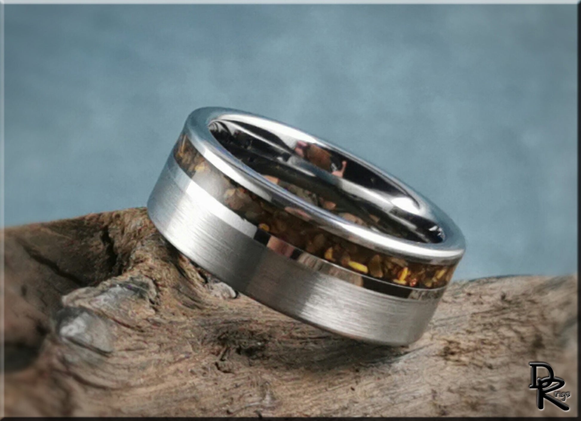 Tungsten Carbide Channel Ring w/offset Tiger's Eye stone inlay - metal ring