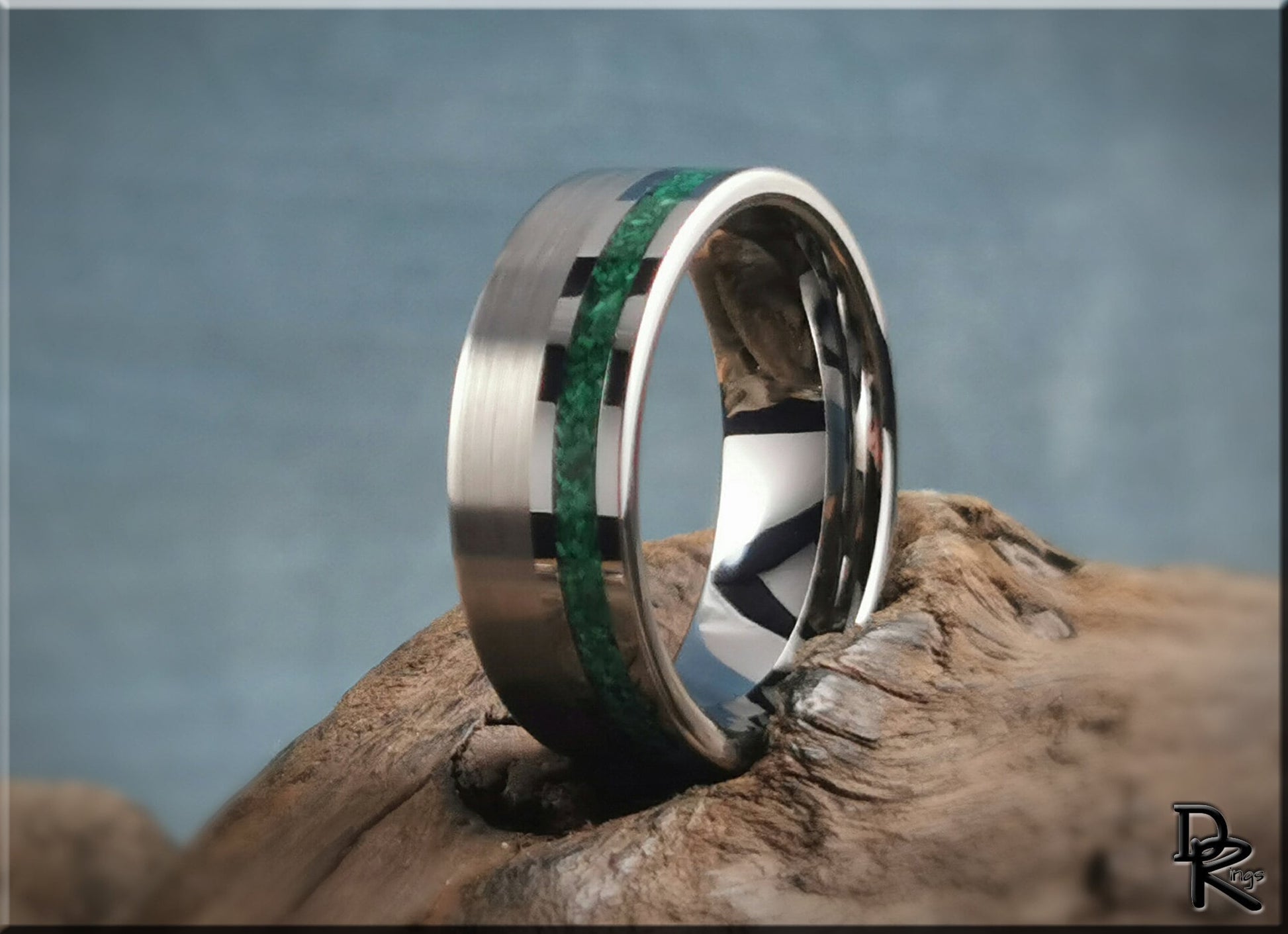Tungsten Carbide Channel Ring w/offset Green Malachite stone inlay - metal ring