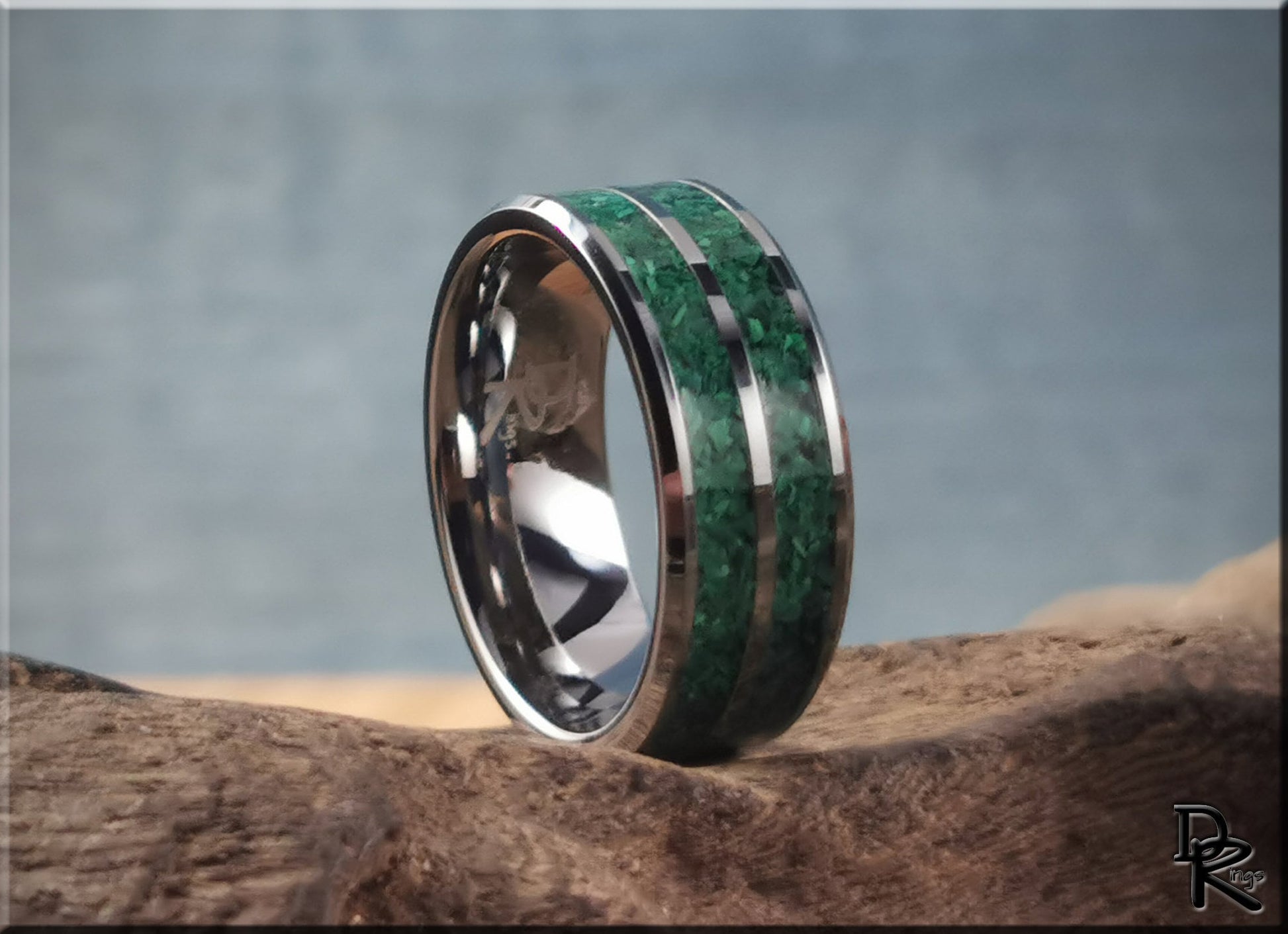 Tungsten Carbide 8mm Ring with dual Green Malachite Stone inlays - metal ring