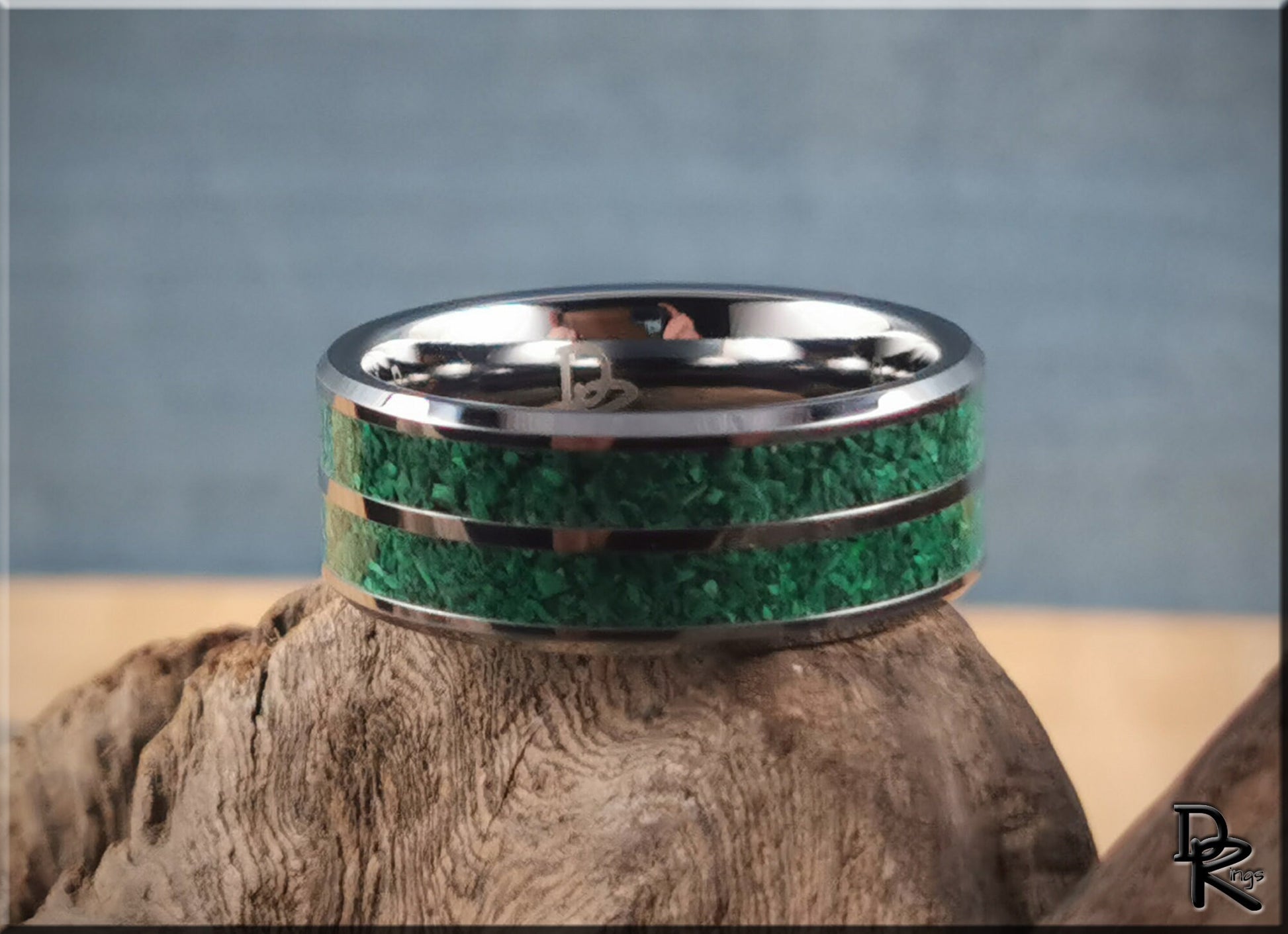 Tungsten Carbide 8mm Ring with dual Green Malachite Stone inlays - metal ring