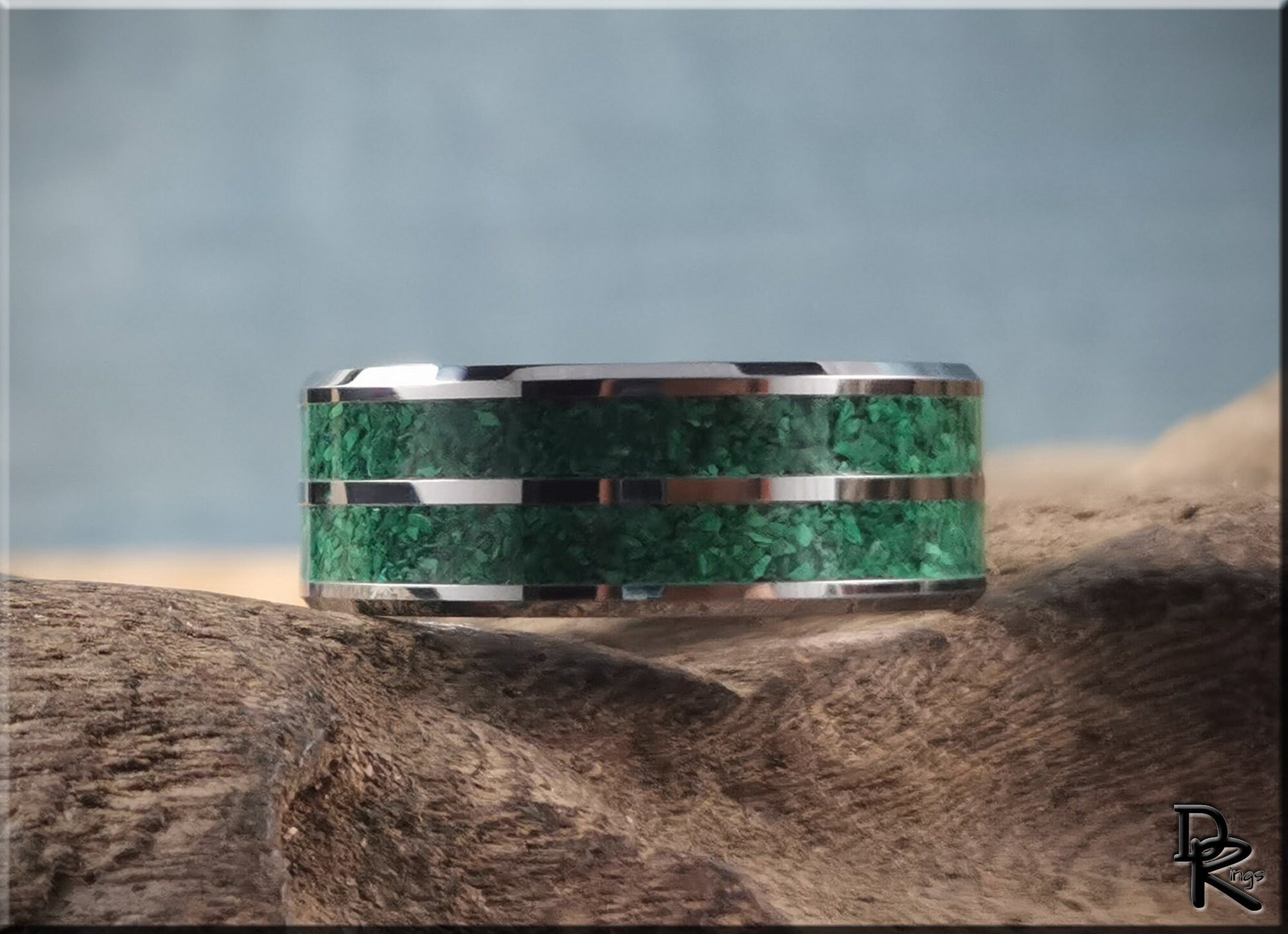 Tungsten Carbide 8mm Ring with dual Green Malachite Stone inlays - metal ring
