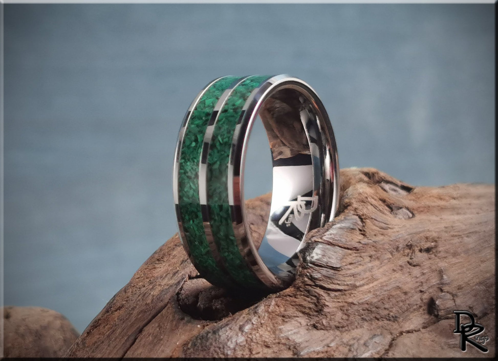 Tungsten Carbide 8mm Ring with dual Green Malachite Stone inlays - metal ring