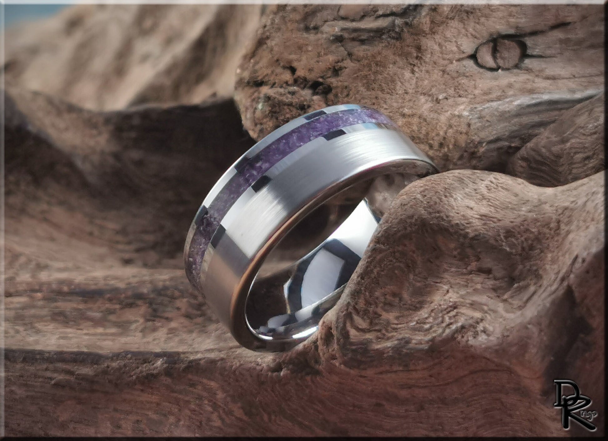 Tungsten Carbide Channel Ring w/offset Amethyst stone inlay - metal ring