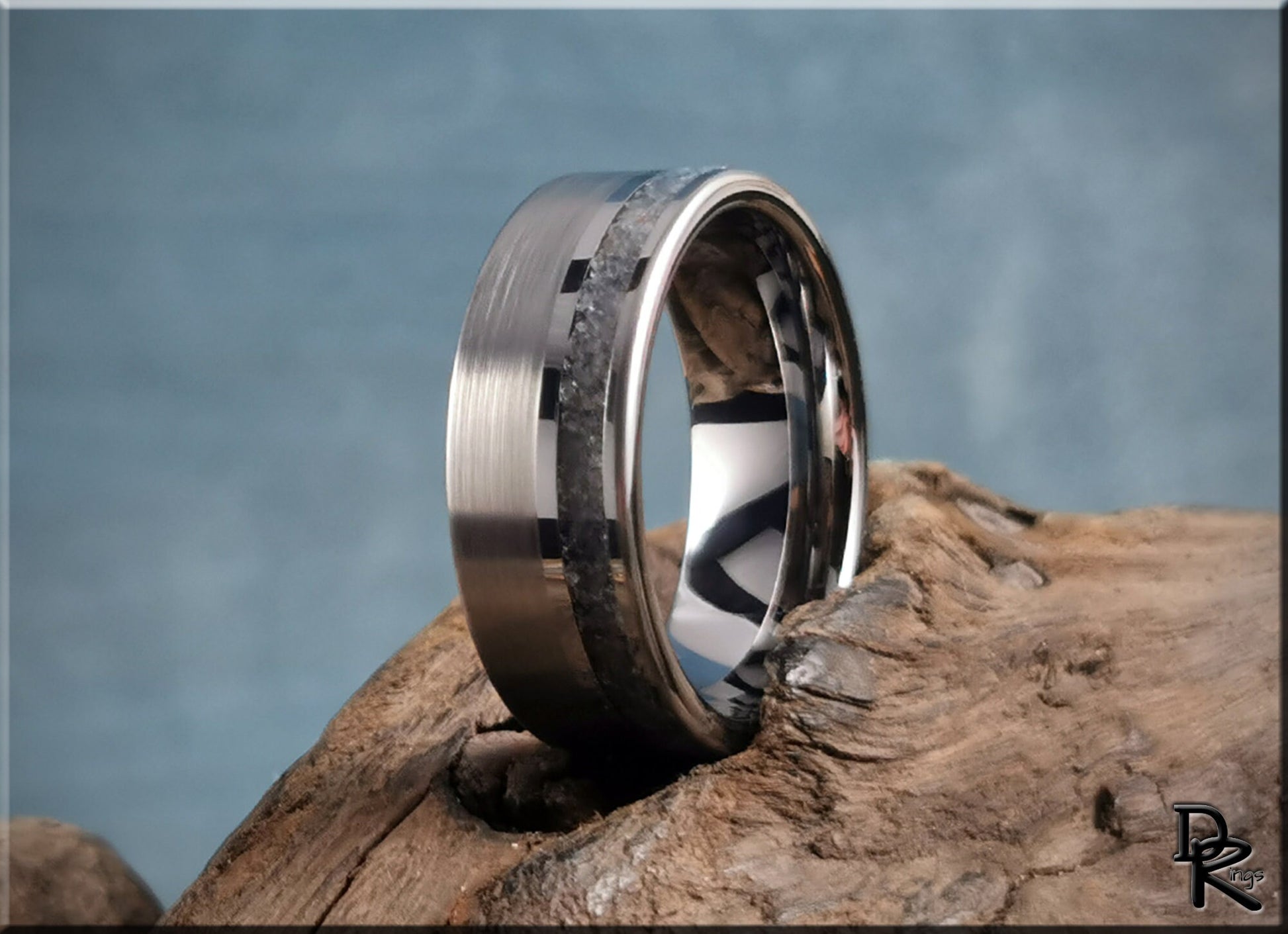 Tungsten Carbide Channel Ring w/offset Blue Sapphire and Diamond stone inlay - metal ring