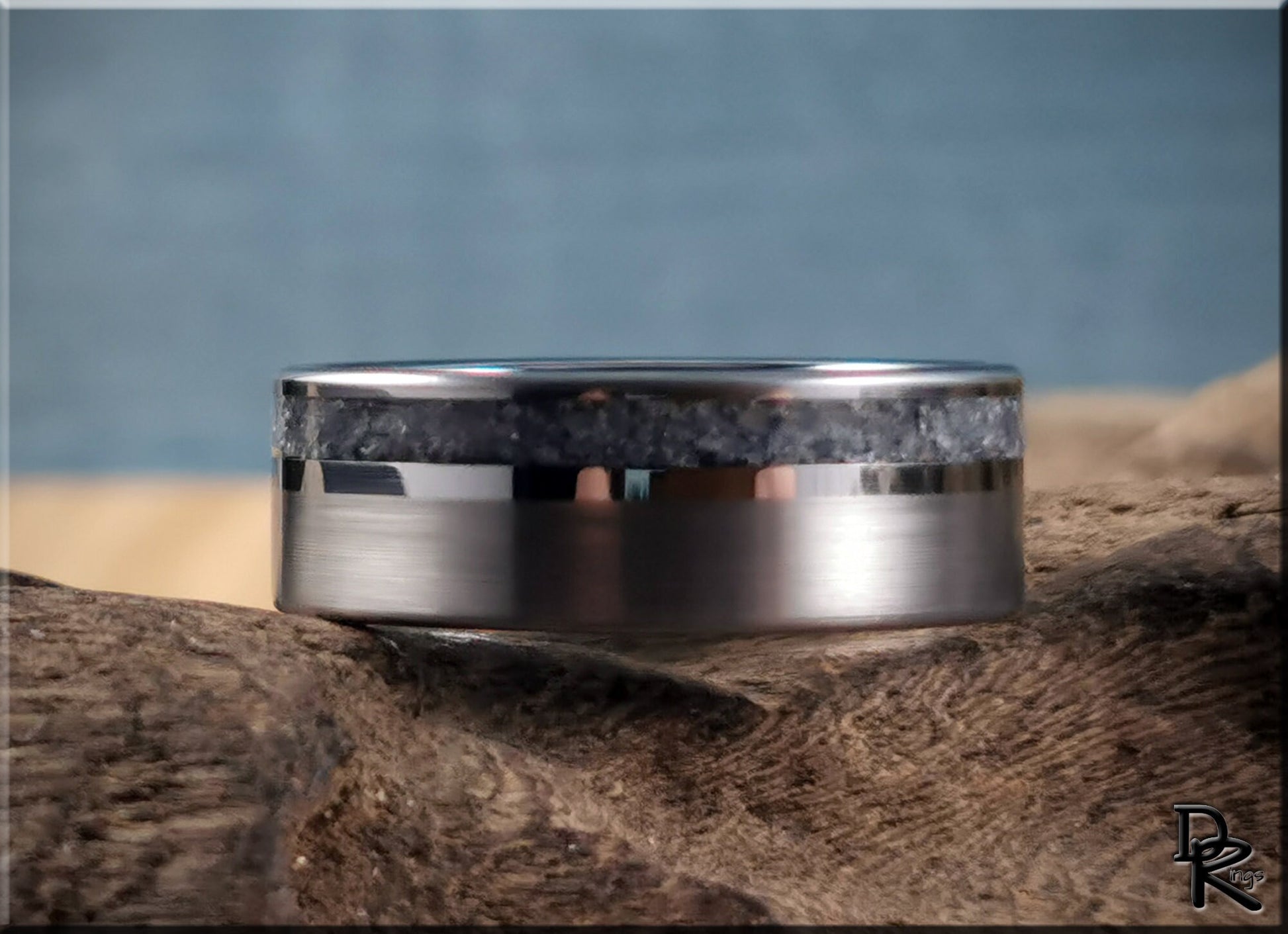 Tungsten Carbide Channel Ring w/offset Blue Sapphire and Diamond stone inlay - metal ring