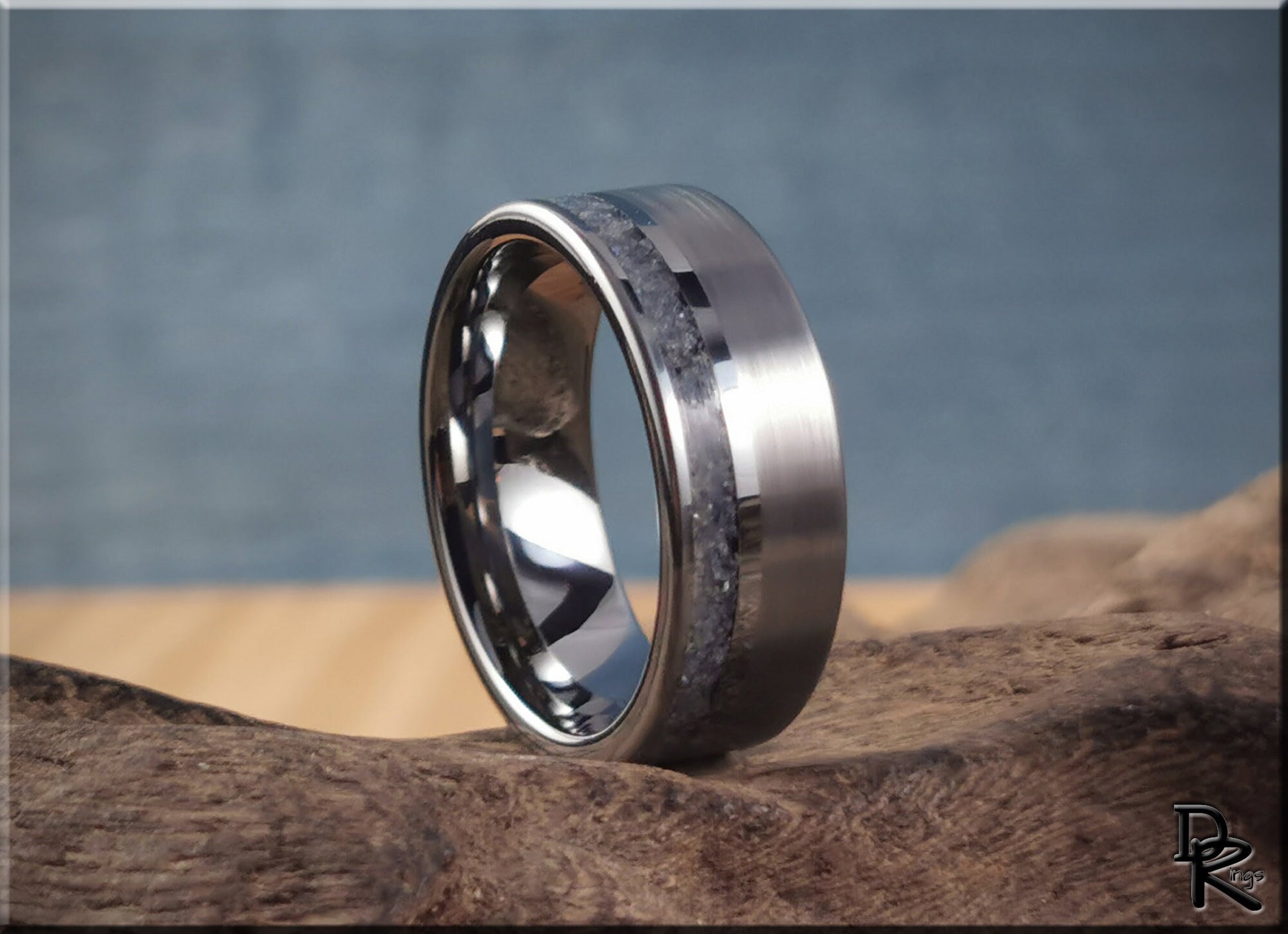 Tungsten Carbide Channel Ring w/offset Blue Sapphire and Diamond stone inlay - metal ring