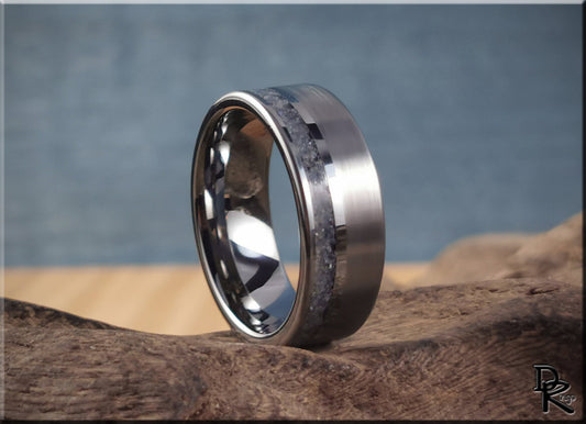 Tungsten Carbide Channel Ring w/offset Blue Sapphire and Diamond stone inlay - metal ring