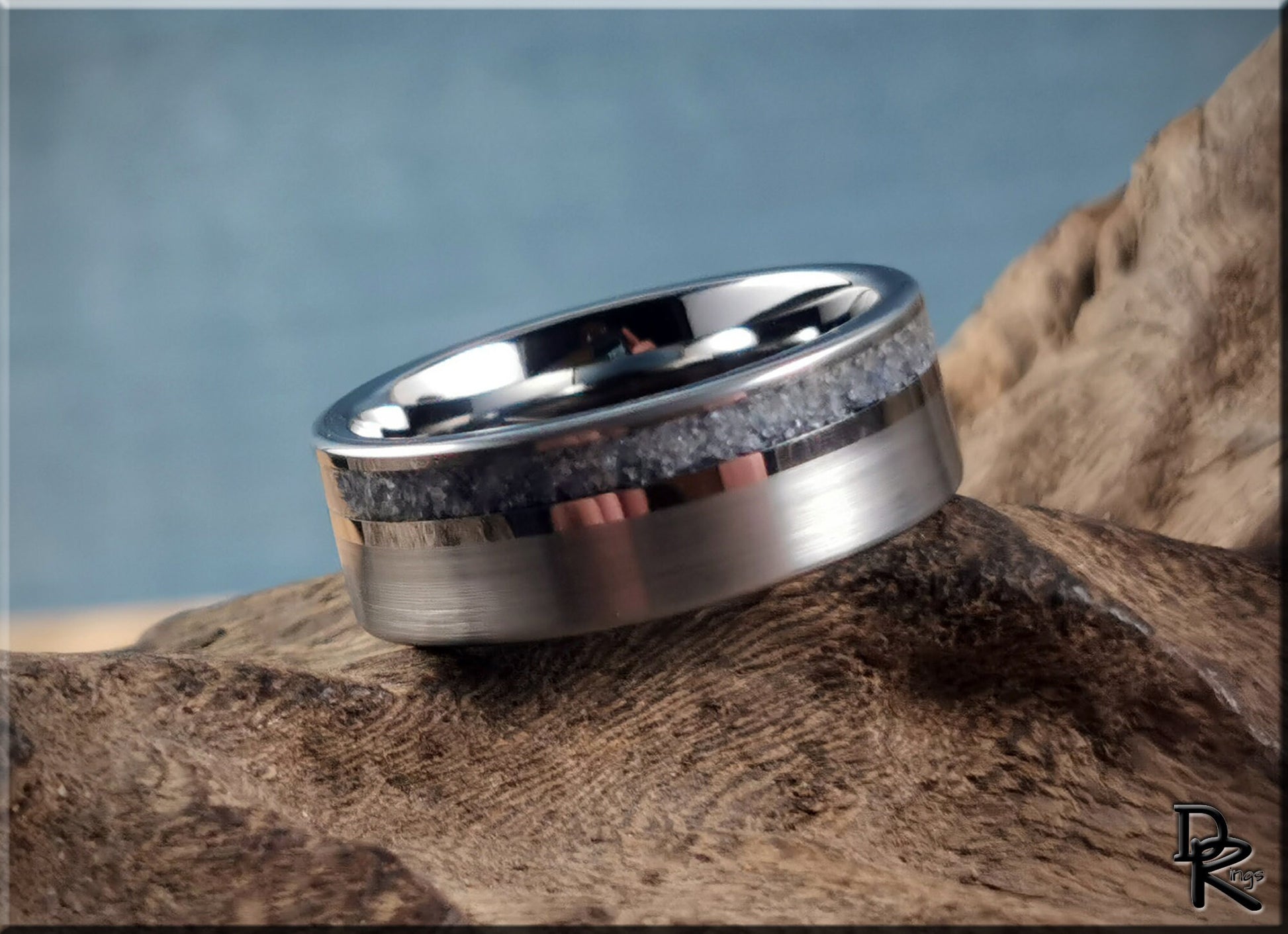 Tungsten Carbide Channel Ring w/offset Blue Sapphire and Diamond stone inlay - metal ring