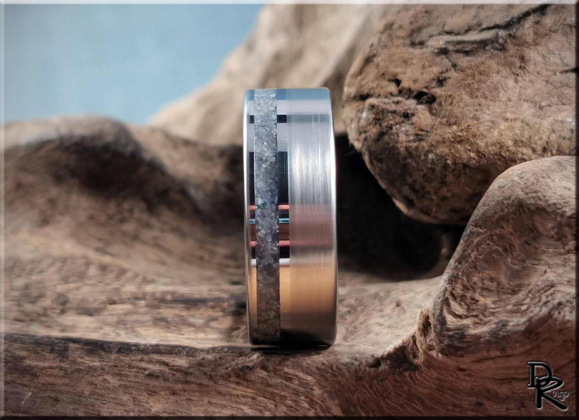 Tungsten Carbide Channel Ring w/offset Blue Sapphire and Diamond stone inlay - metal ring