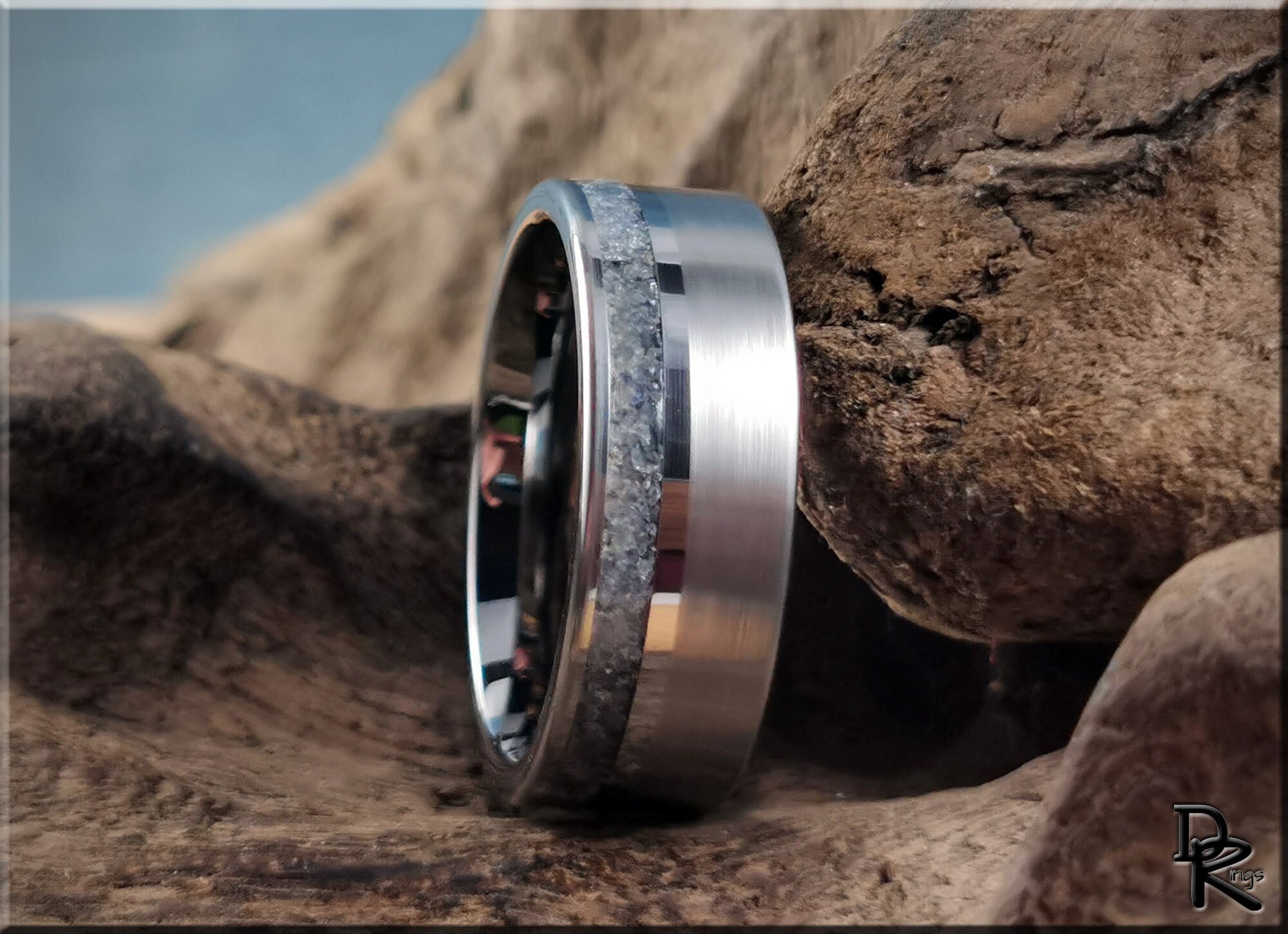 Tungsten Carbide Channel Ring w/offset Blue Sapphire and Diamond stone inlay - metal ring