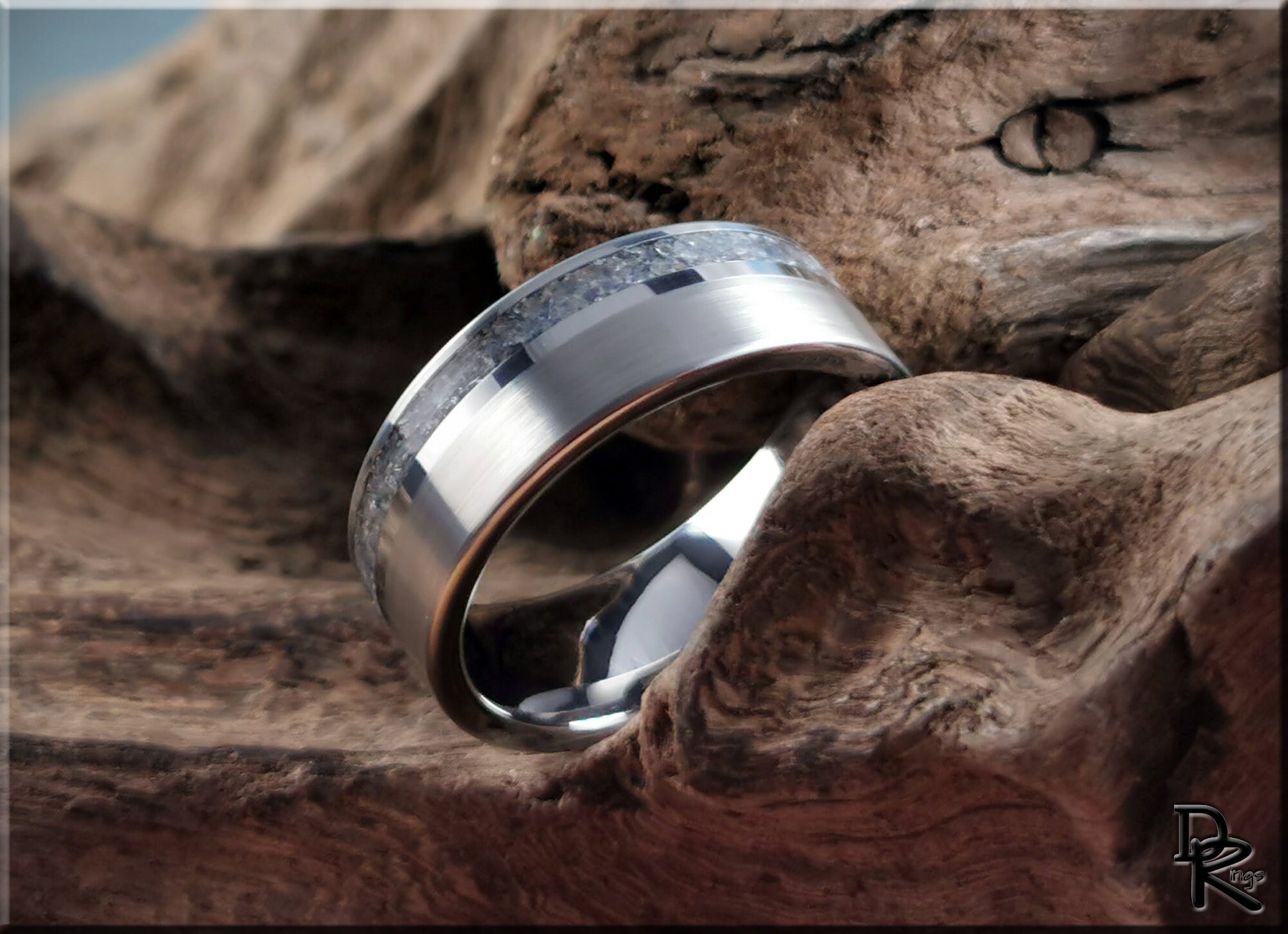 Tungsten Carbide Channel Ring w/offset Blue Sapphire and Diamond stone inlay - metal ring