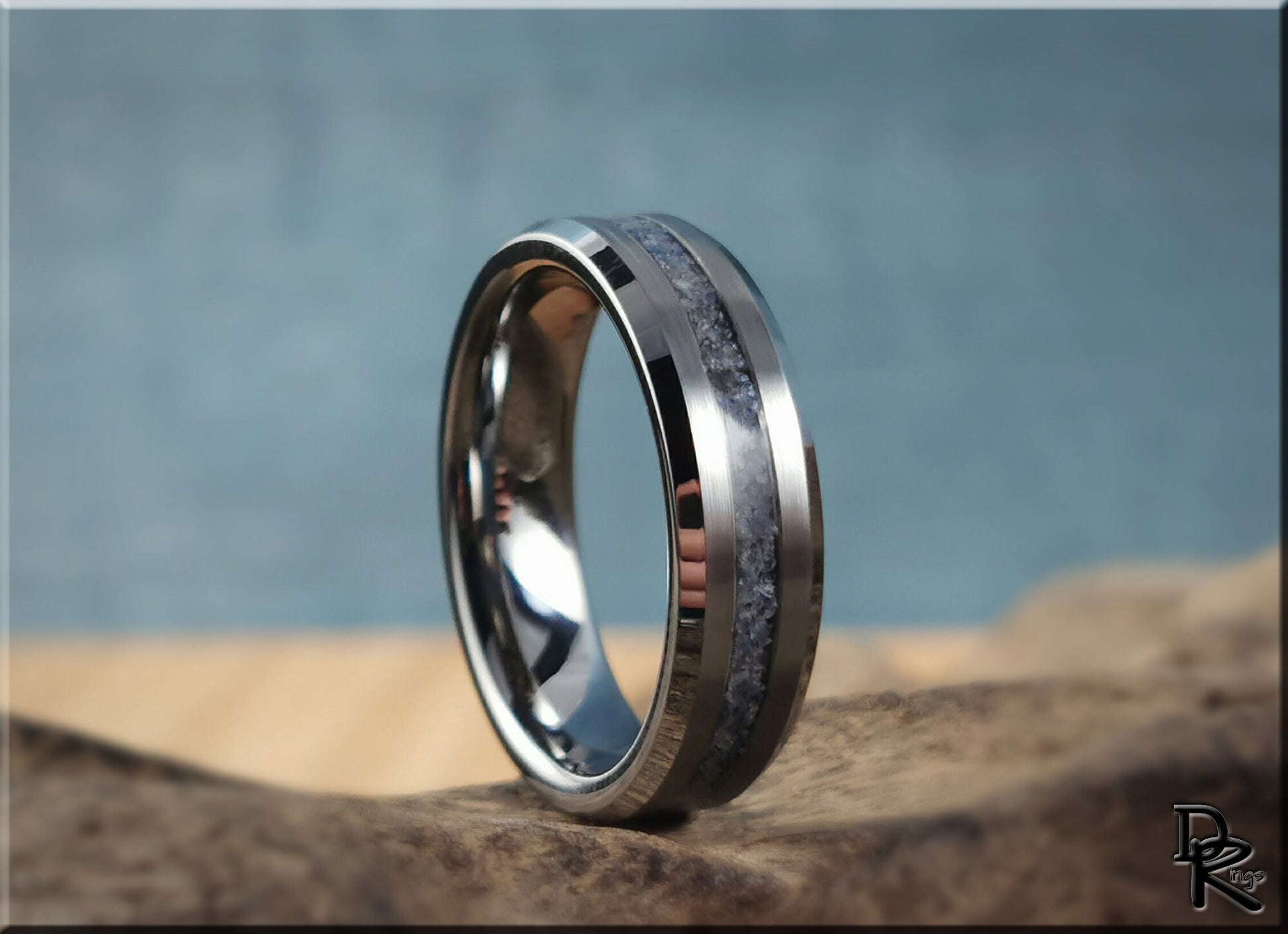 Thin Line Tungsten Carbide Channel Ring w/Blue Quartz stone inlay - metal ring