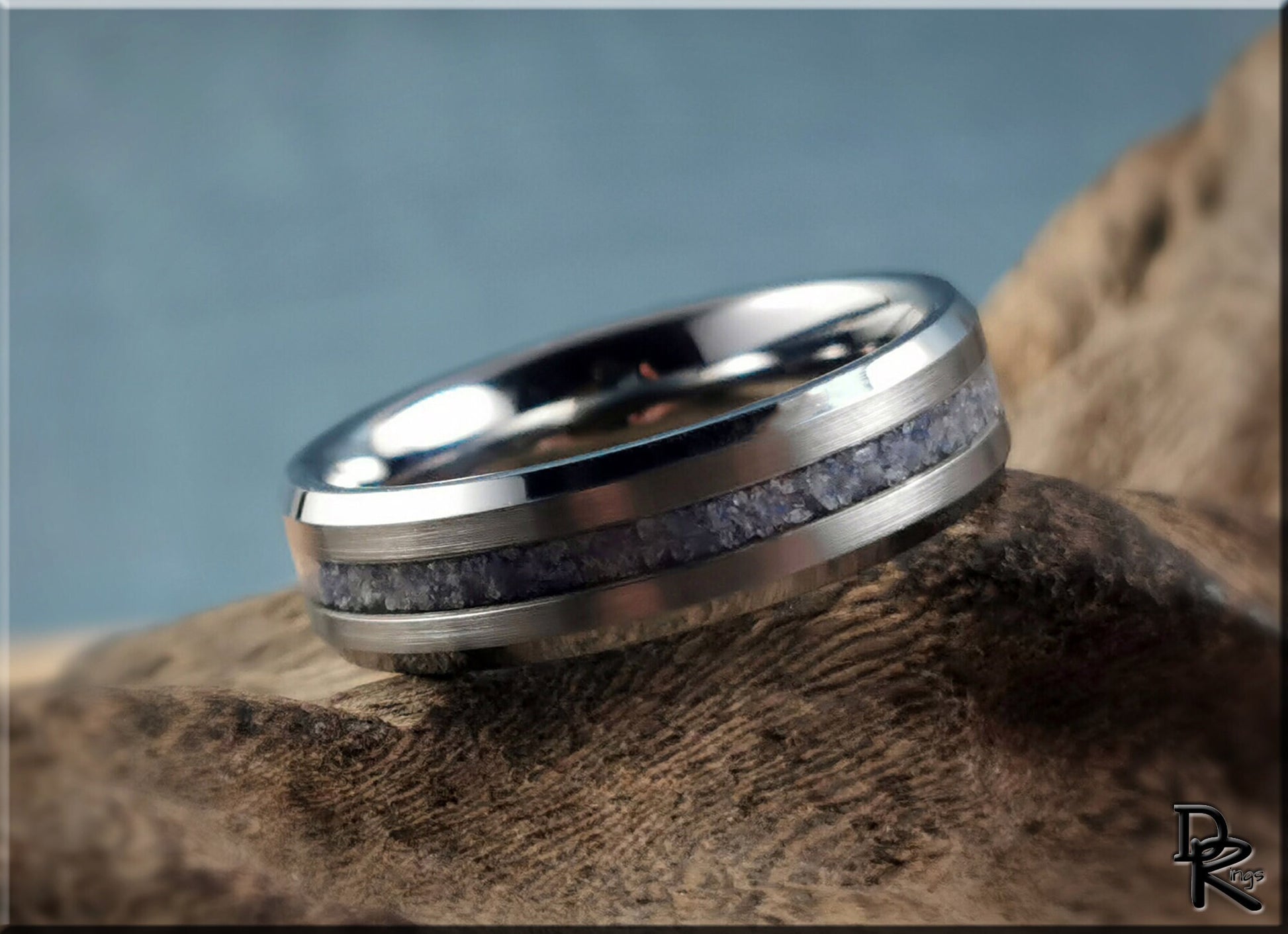 Thin Line Tungsten Carbide Channel Ring w/Blue Quartz stone inlay - metal ring