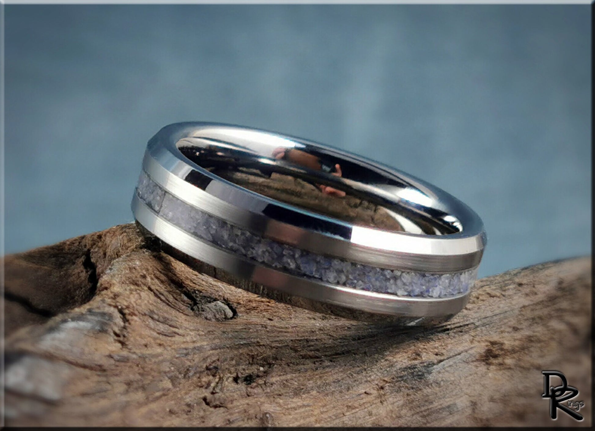 Thin Line Tungsten Carbide Channel Ring w/Blue Quartz stone inlay - metal ring