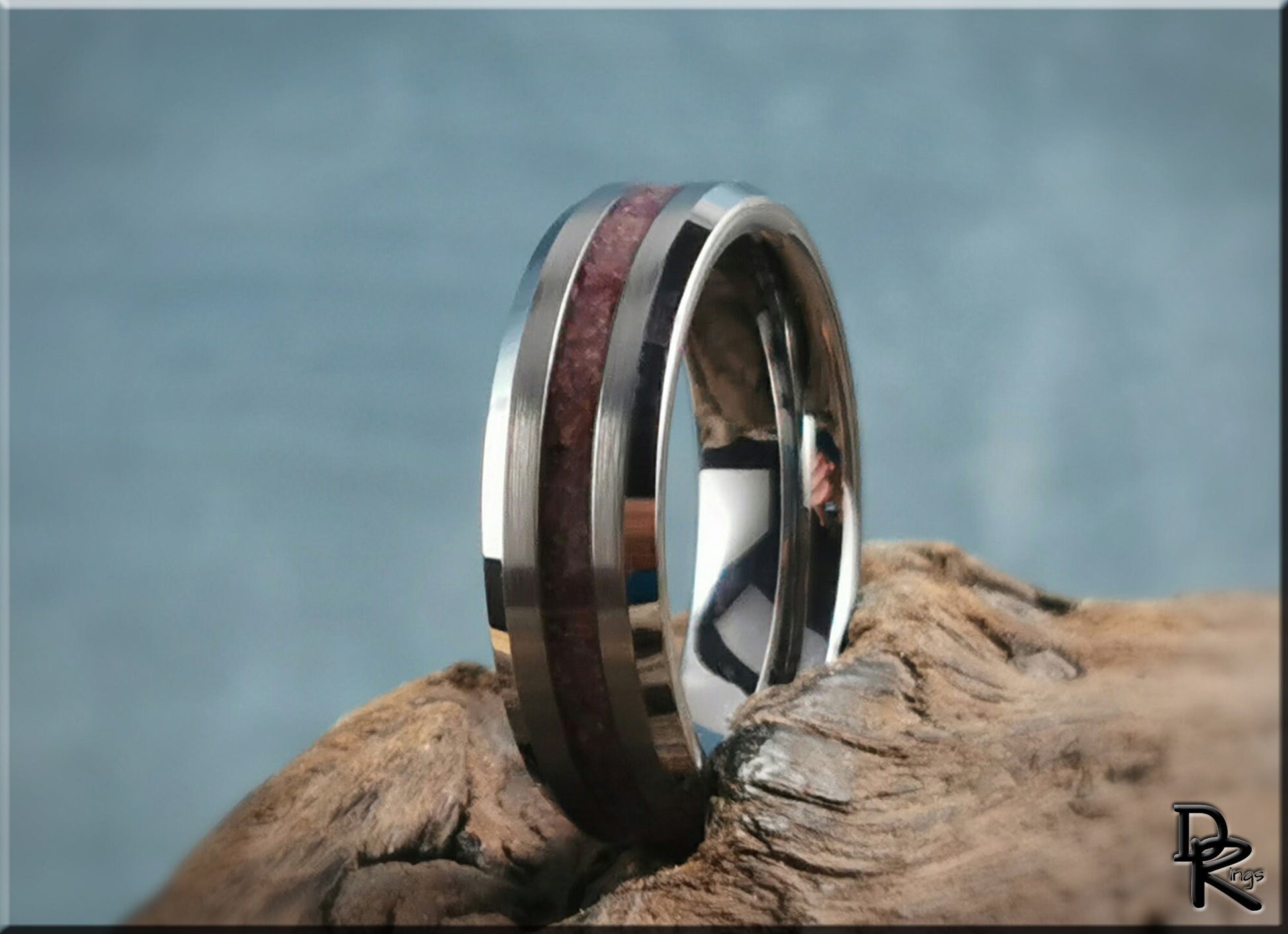 Thin Line Tungsten Carbide Channel Ring w/Ruby stone inlay - metal ring