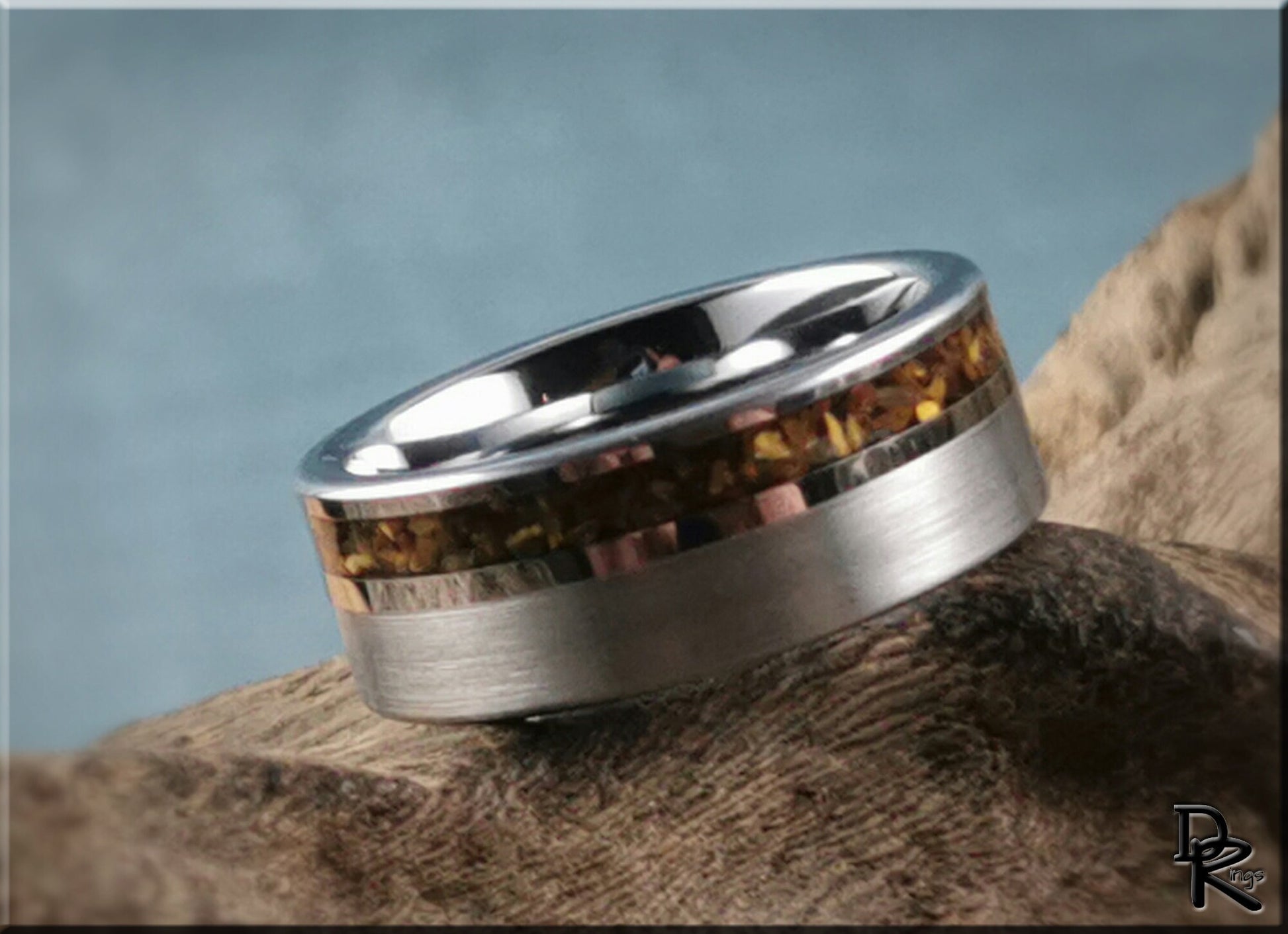 Tungsten Carbide Channel Ring w/offset Tiger's Eye stone inlay - metal ring