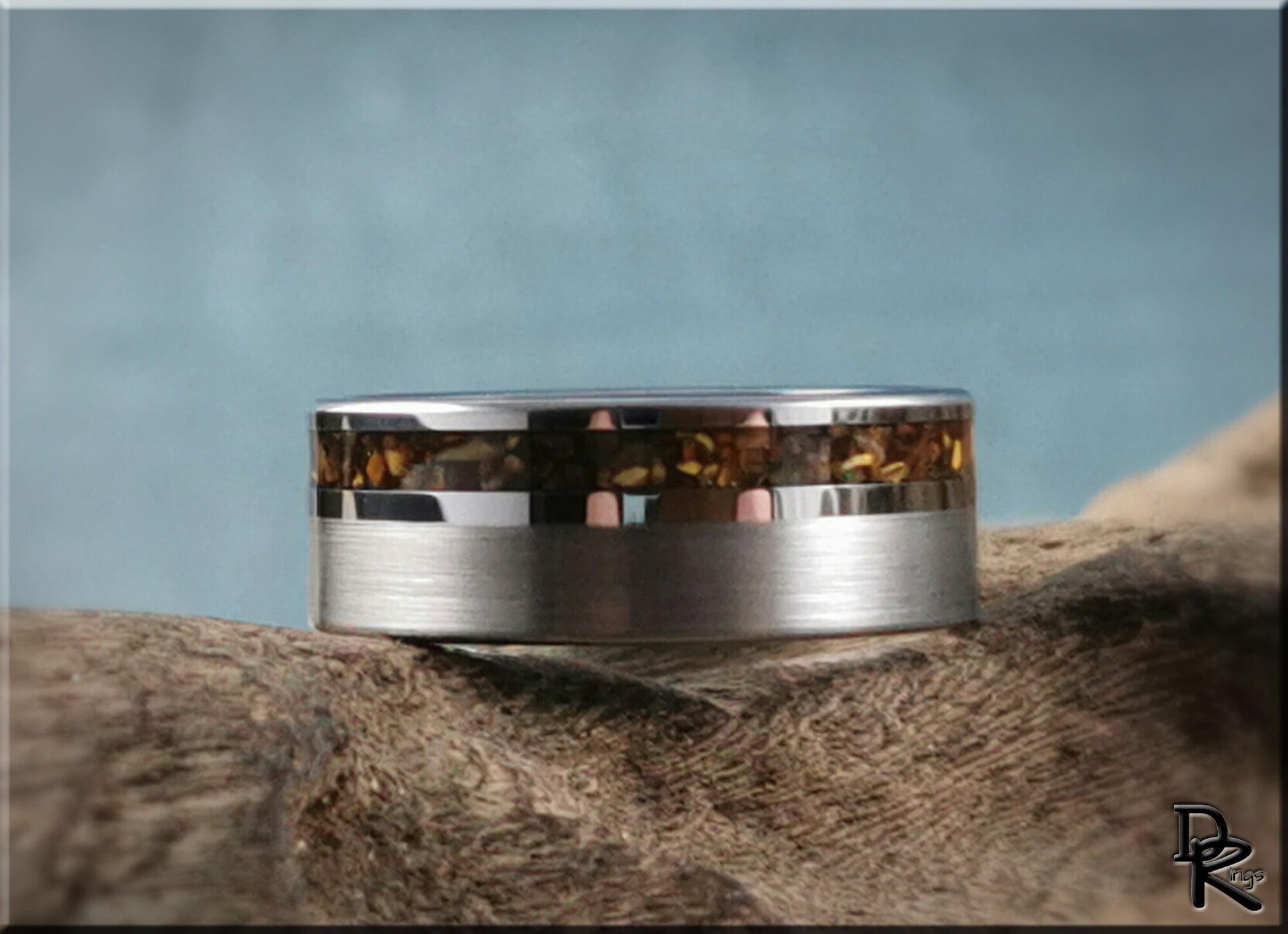 Tungsten Carbide Channel Ring w/offset Tiger's Eye stone inlay - metal ring