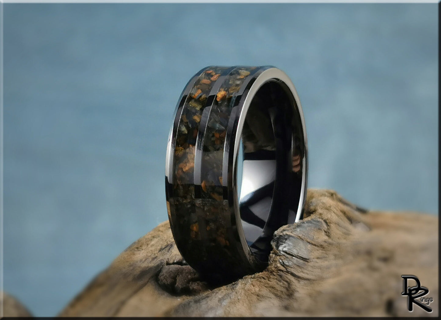 Polished Black Ceramic Dual Channel Ring w/Hawk's Eye stone inlay - ceramic ring