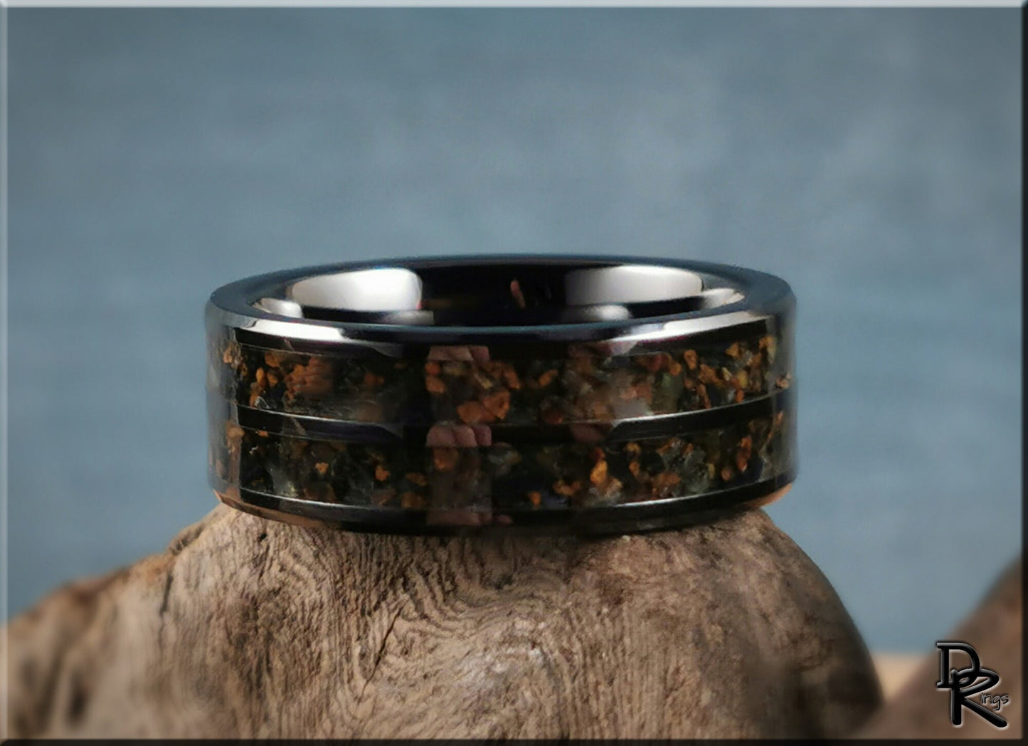 Polished Black Ceramic Dual Channel Ring w/Hawk's Eye stone inlay - ceramic ring