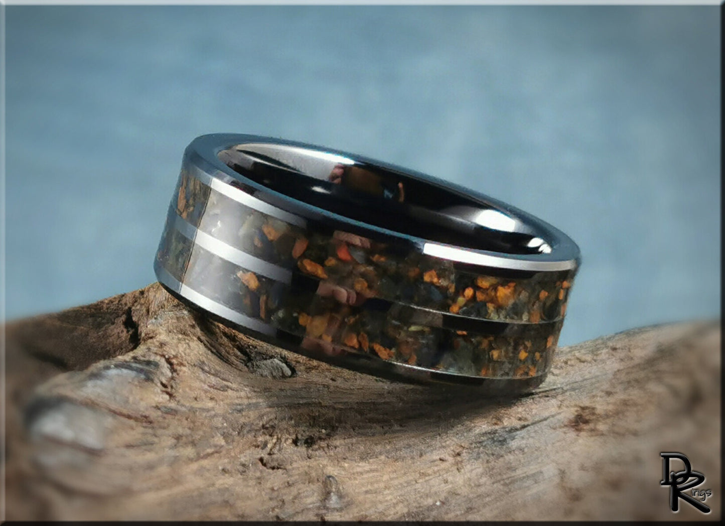 Polished Black Ceramic Dual Channel Ring w/Hawk's Eye stone inlay - ceramic ring