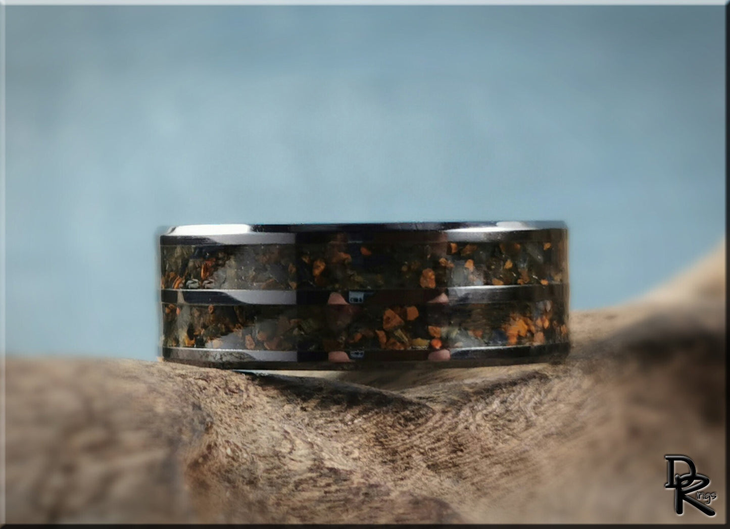 Polished Black Ceramic Dual Channel Ring w/Hawk's Eye stone inlay - ceramic ring