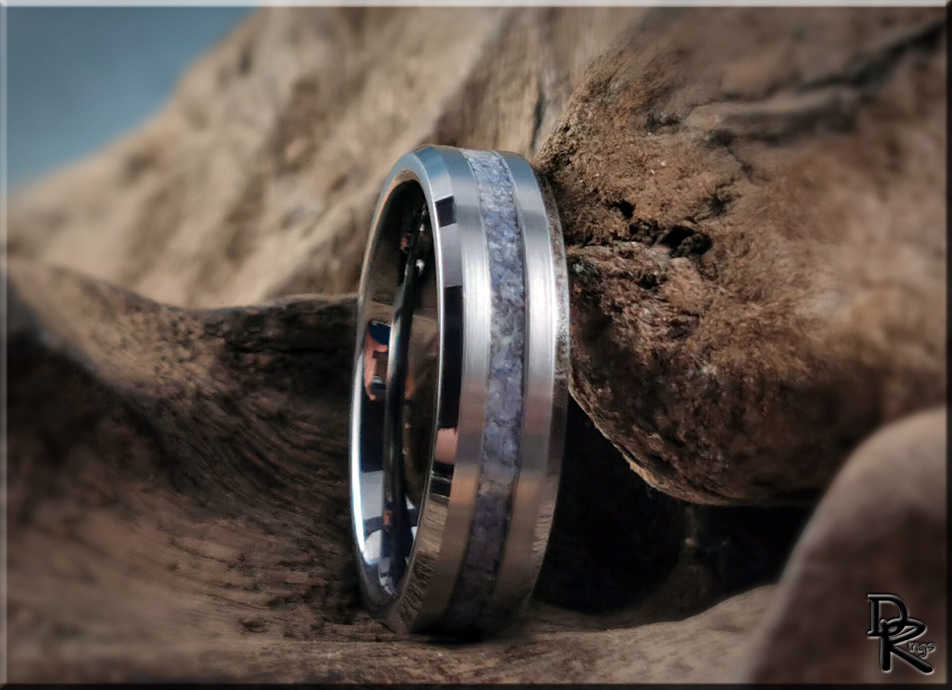 Thin Line Tungsten Carbide Channel Ring w/Blue Quartz stone inlay - metal ring