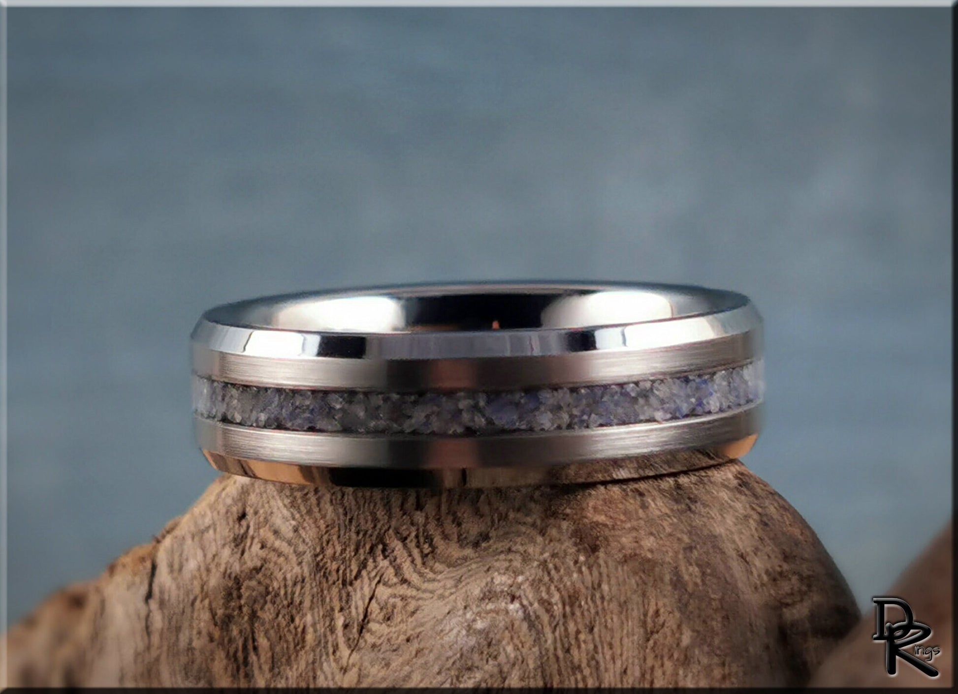 Thin Line Tungsten Carbide Channel Ring w/Blue Quartz stone inlay - metal ring