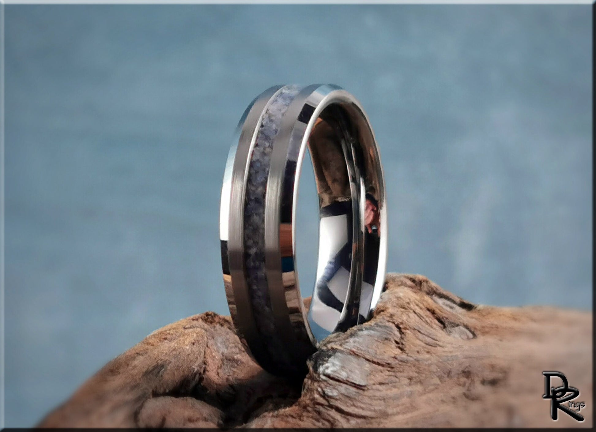 Thin Line Tungsten Carbide Channel Ring w/Blue Quartz stone inlay - metal ring