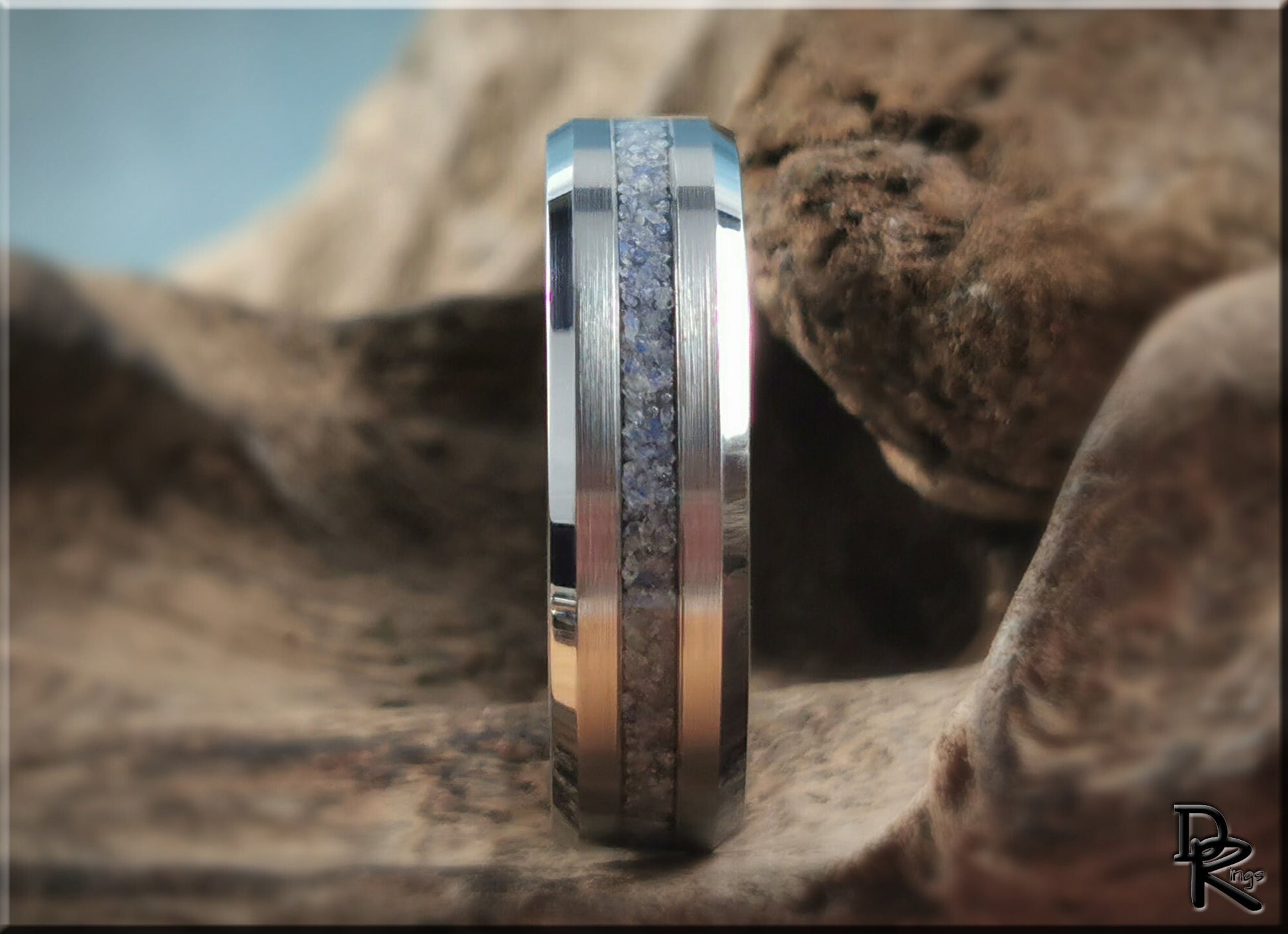 Thin Line Tungsten Carbide Channel Ring w/Blue Quartz stone inlay - metal ring