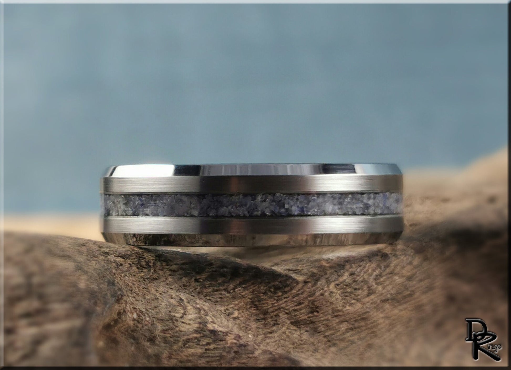Thin Line Tungsten Carbide Channel Ring w/Blue Quartz stone inlay - metal ring