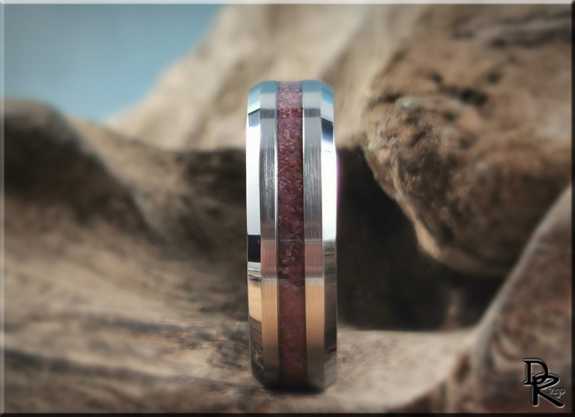 Thin Line Tungsten Carbide Channel Ring w/Ruby stone inlay - metal ring