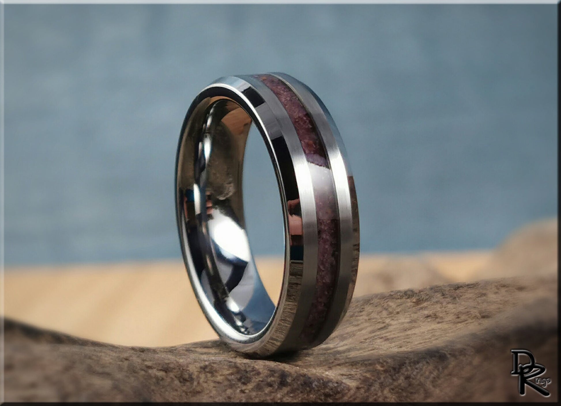Thin Line Tungsten Carbide Channel Ring w/Ruby stone inlay - metal ring