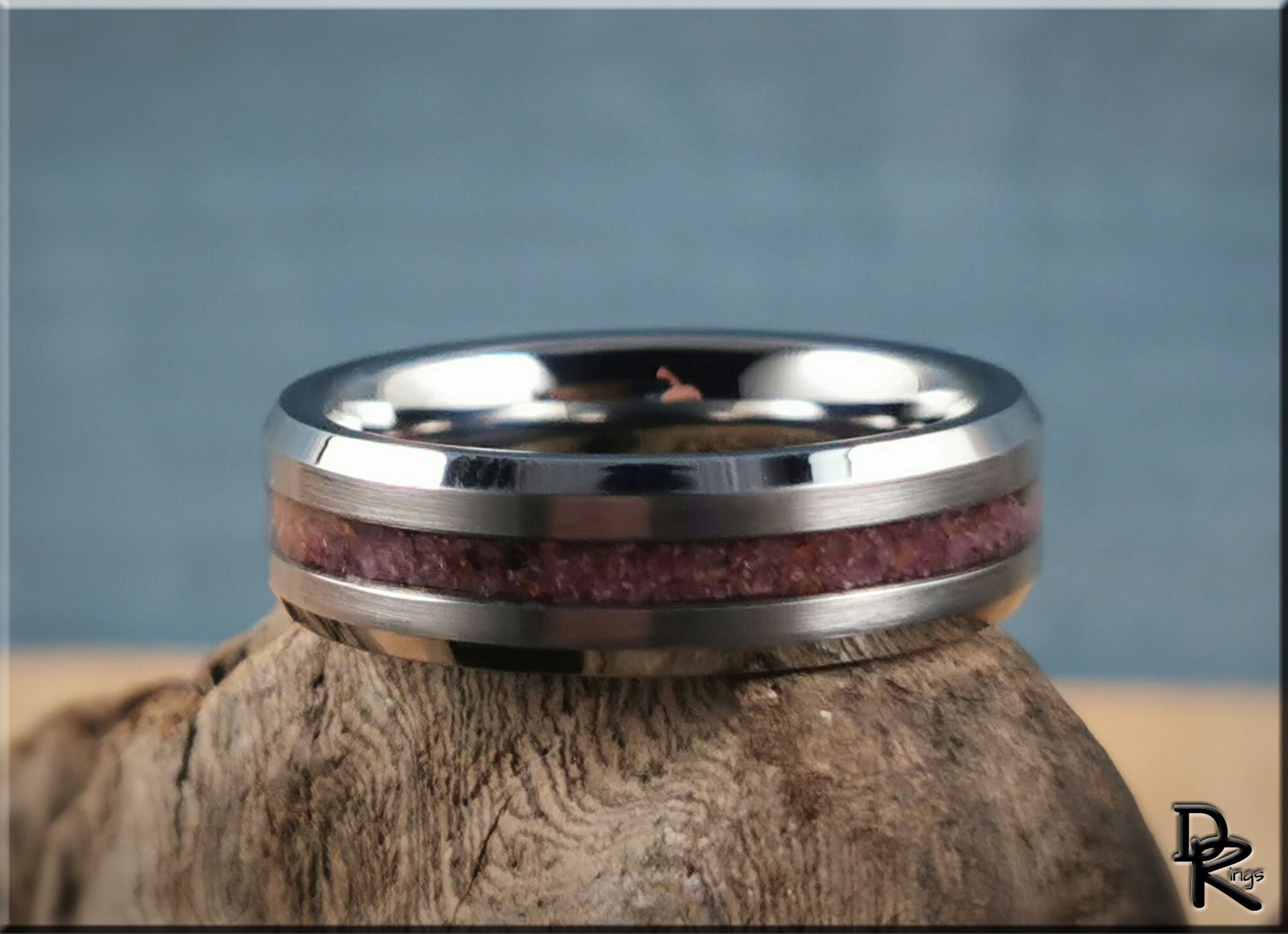 Thin Line Tungsten Carbide Channel Ring w/Ruby stone inlay - metal ring