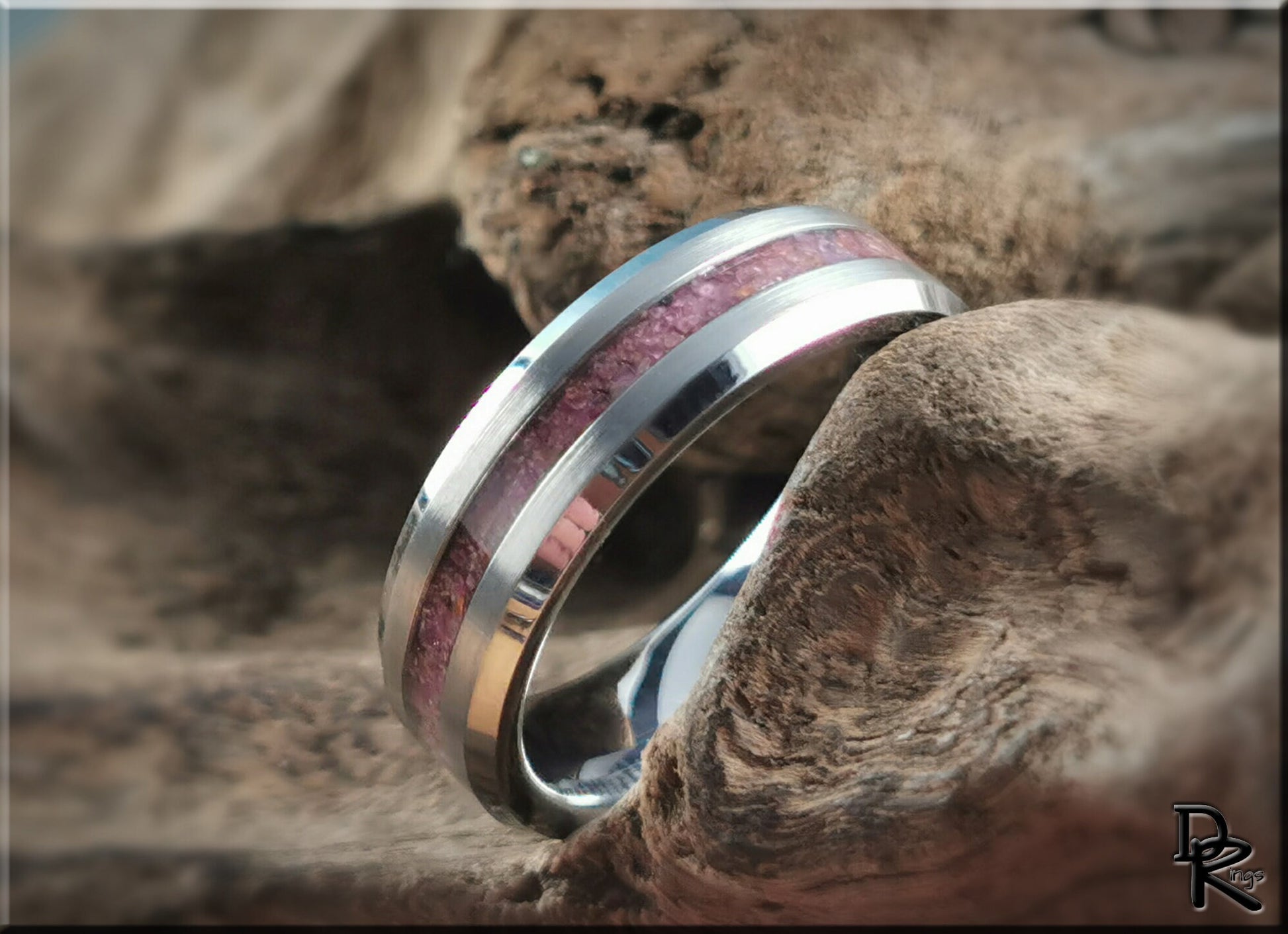 Thin Line Tungsten Carbide Channel Ring w/Ruby stone inlay - metal ring