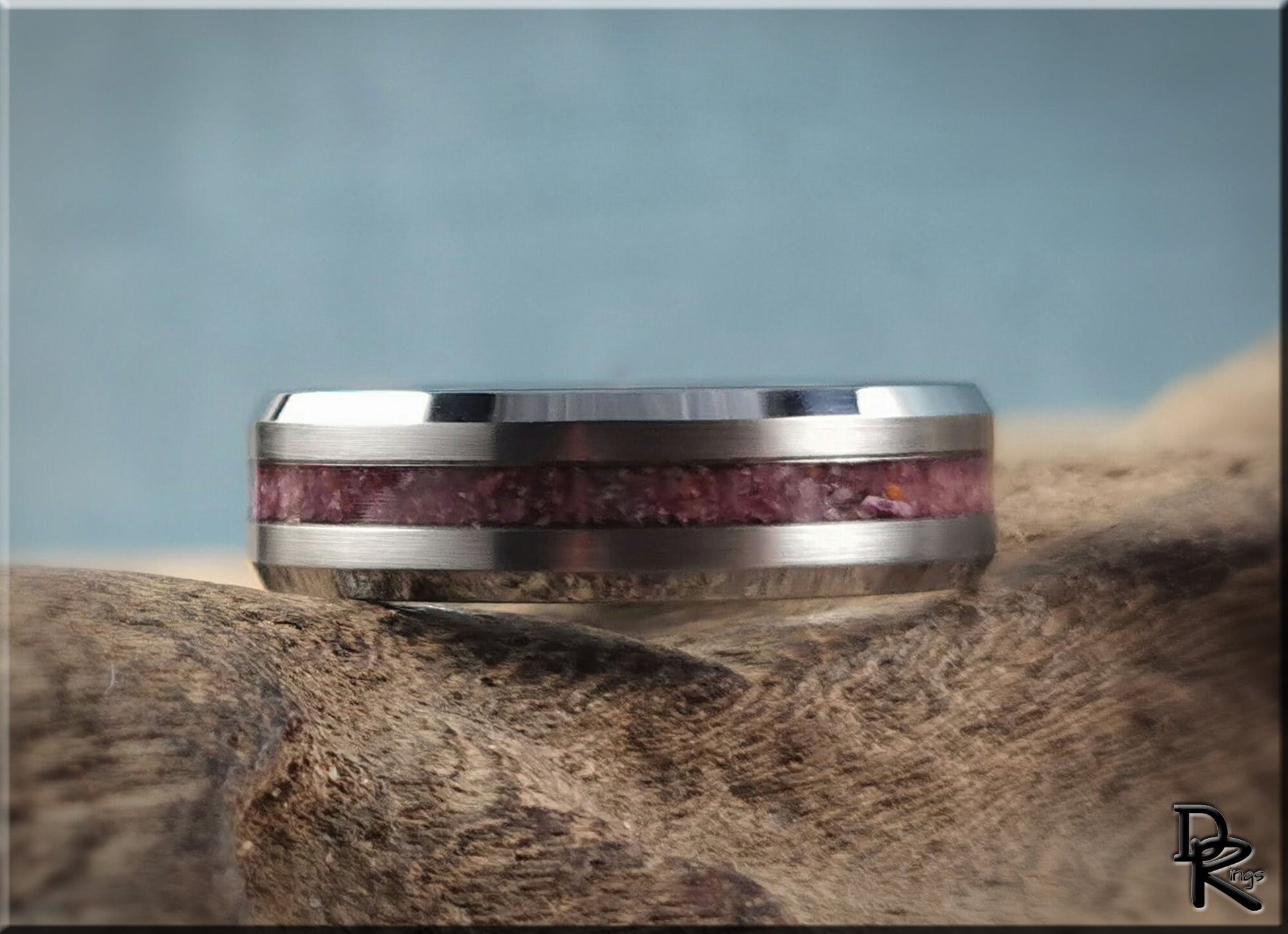 Thin Line Tungsten Carbide Channel Ring w/Ruby stone inlay - metal ring