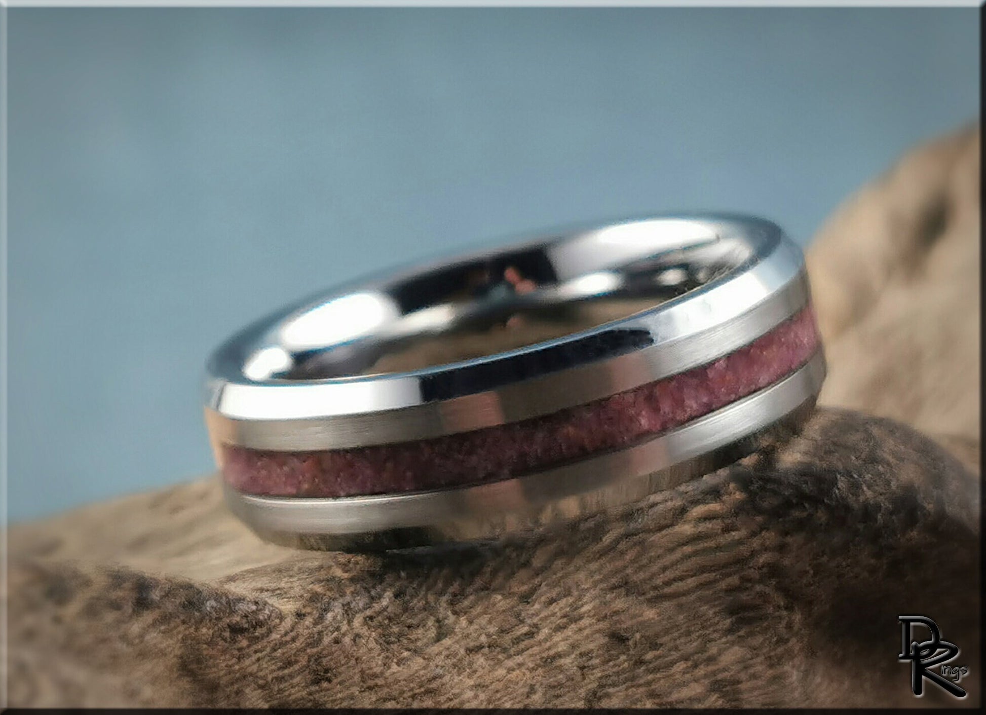 Thin Line Tungsten Carbide Channel Ring w/Ruby stone inlay - metal ring