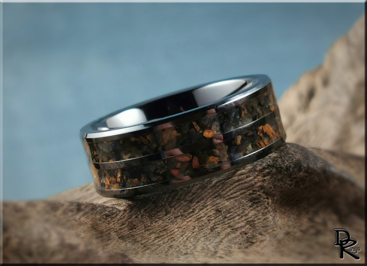 Polished Black Ceramic Dual Channel Ring w/Hawk's Eye stone inlay - ceramic ring