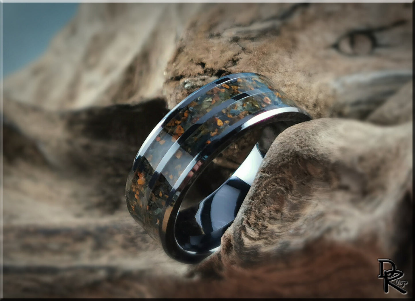 Polished Black Ceramic Dual Channel Ring w/Hawk's Eye stone inlay - ceramic ring