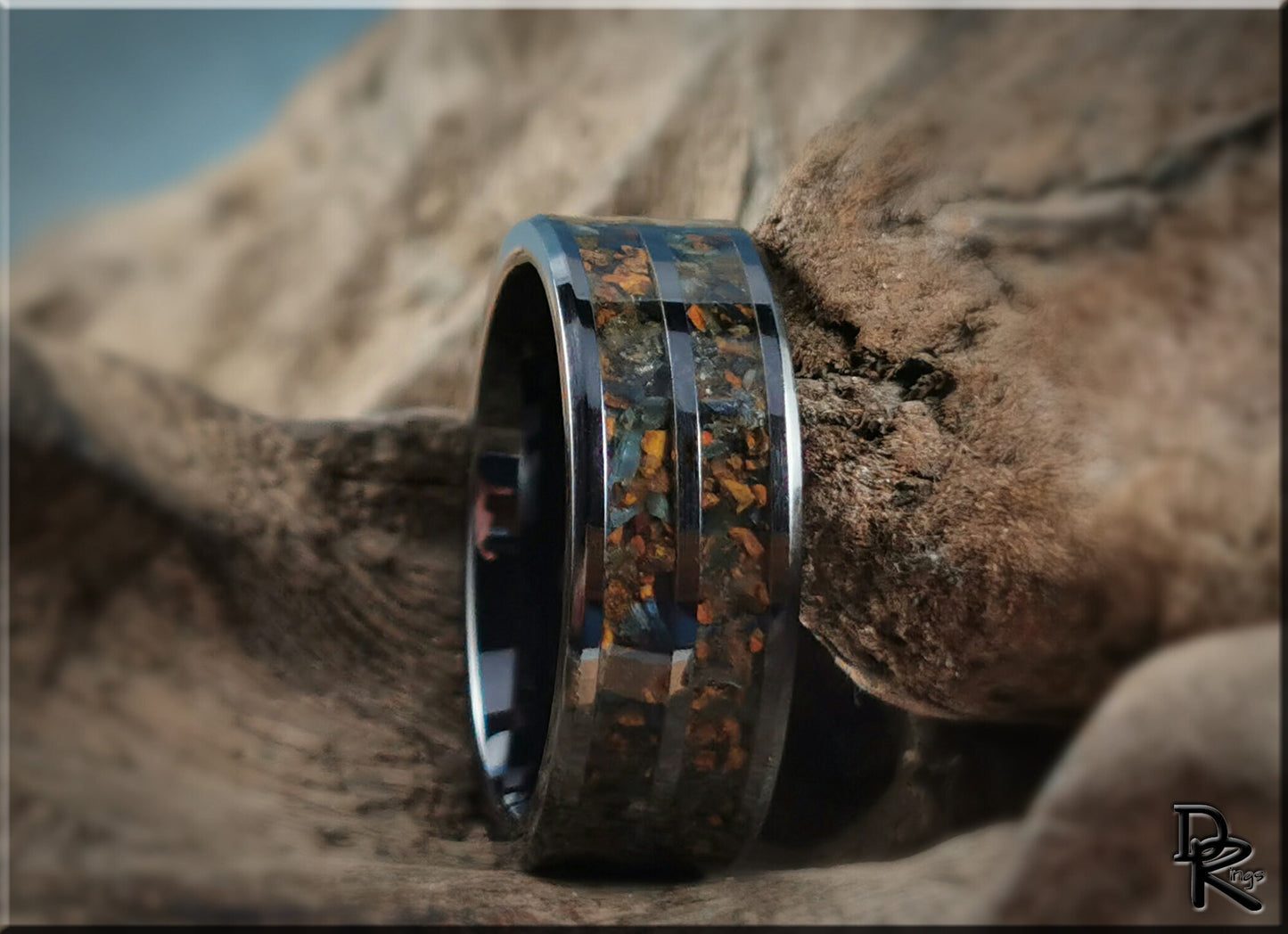 Polished Black Ceramic Dual Channel Ring w/Hawk's Eye stone inlay - ceramic ring