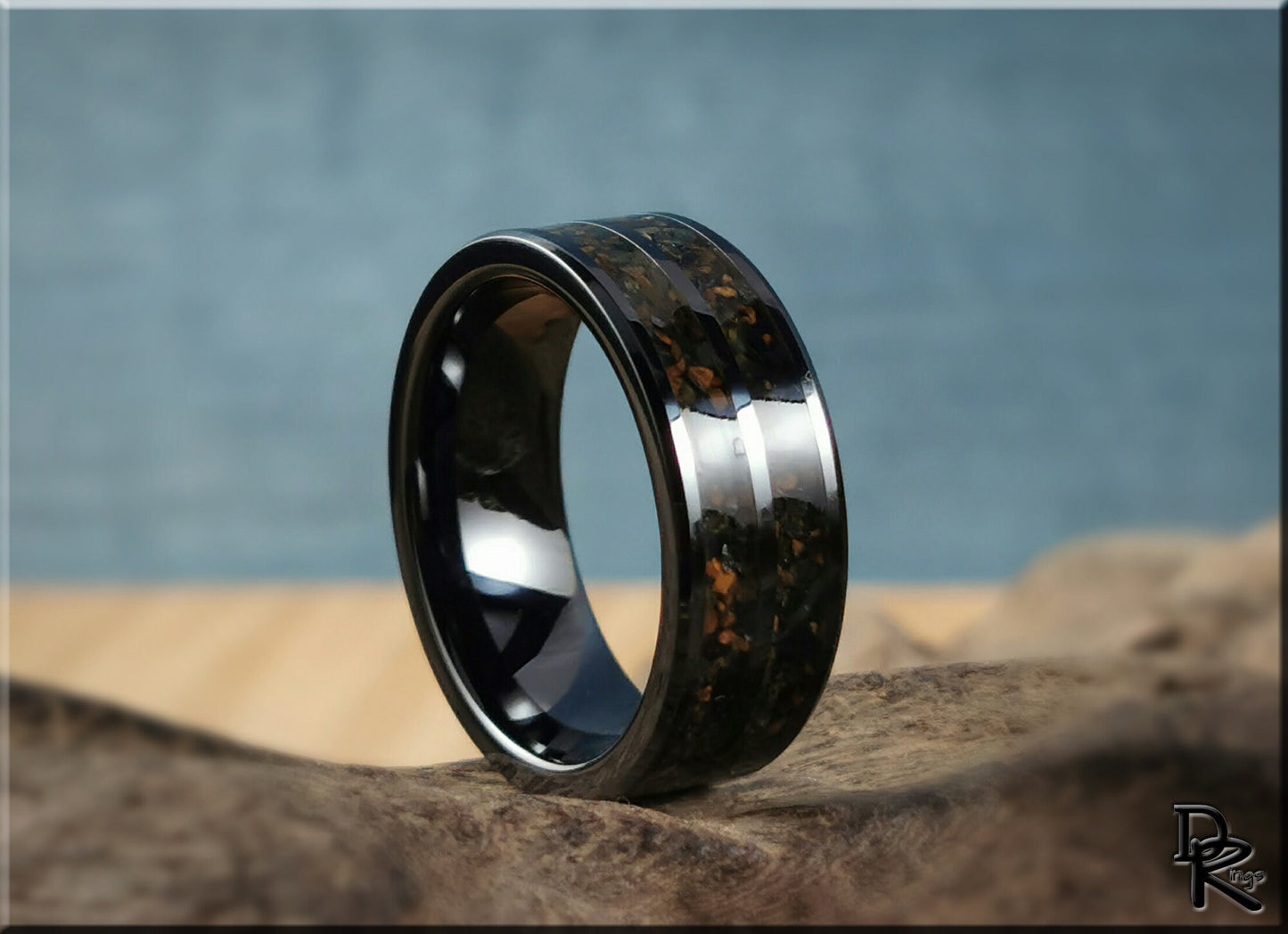 Polished Black Ceramic Dual Channel Ring w/Hawk's Eye stone inlay - ceramic ring