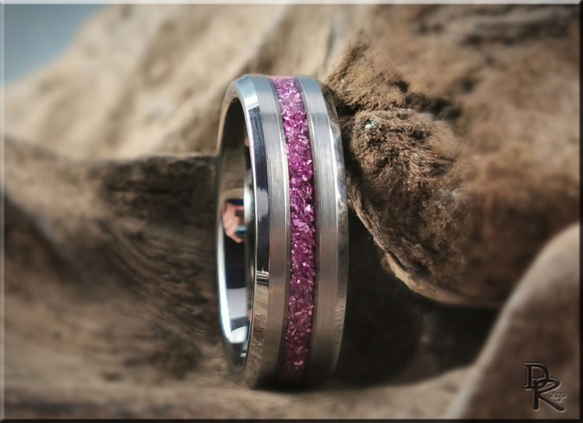 Thin Line Tungsten Carbide Channel Ring w/Lilac German Glass inlay - metal ring