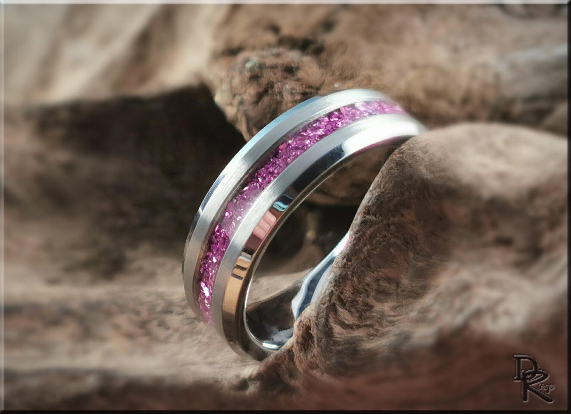 Thin Line Tungsten Carbide Channel Ring w/Lilac German Glass inlay - metal ring