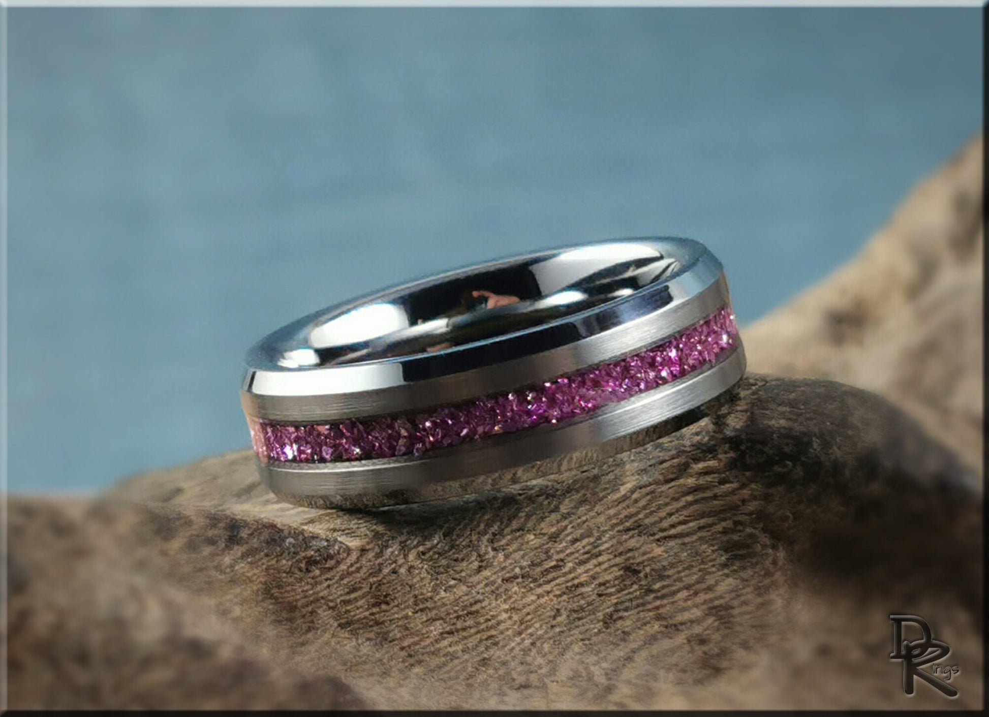 Thin Line Tungsten Carbide Channel Ring w/Lilac German Glass inlay - metal ring