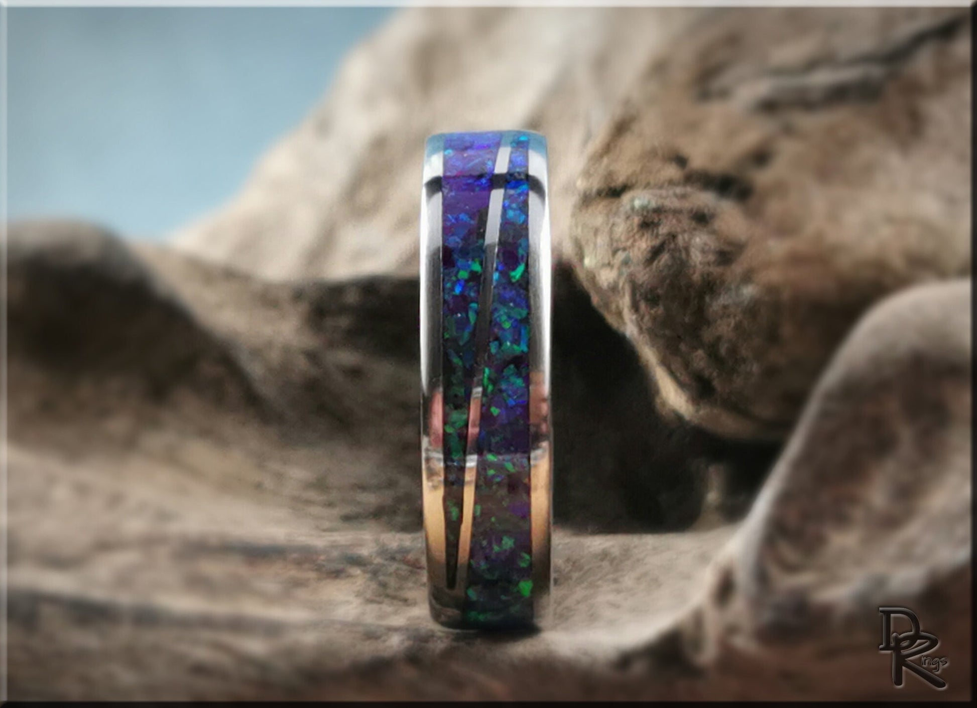 Titanium Twist Ring w/Multi-Amethyst Opal inlay - metal ring