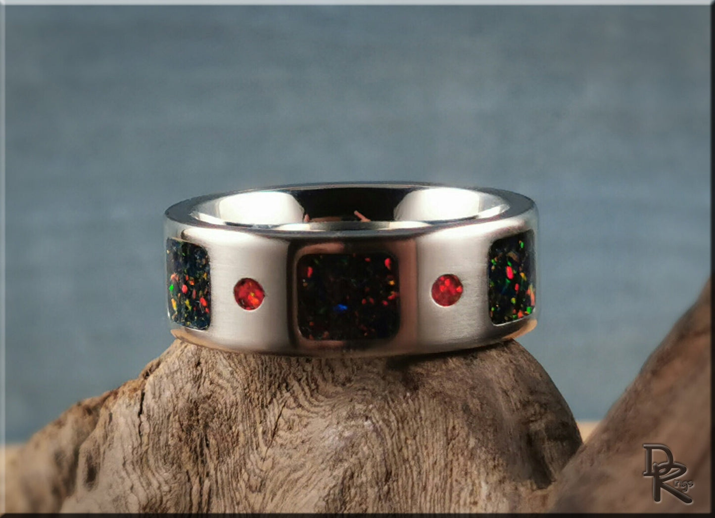 The 'Square Circle' Titanium Pattern Ring w/Dual Opal inlay - metal ring
