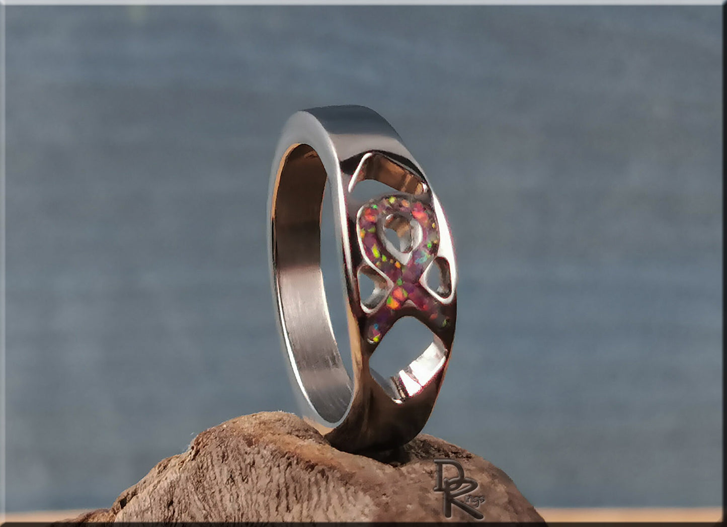 Titanium Awareness Ribbon Ring w/opal inlay - metal ring