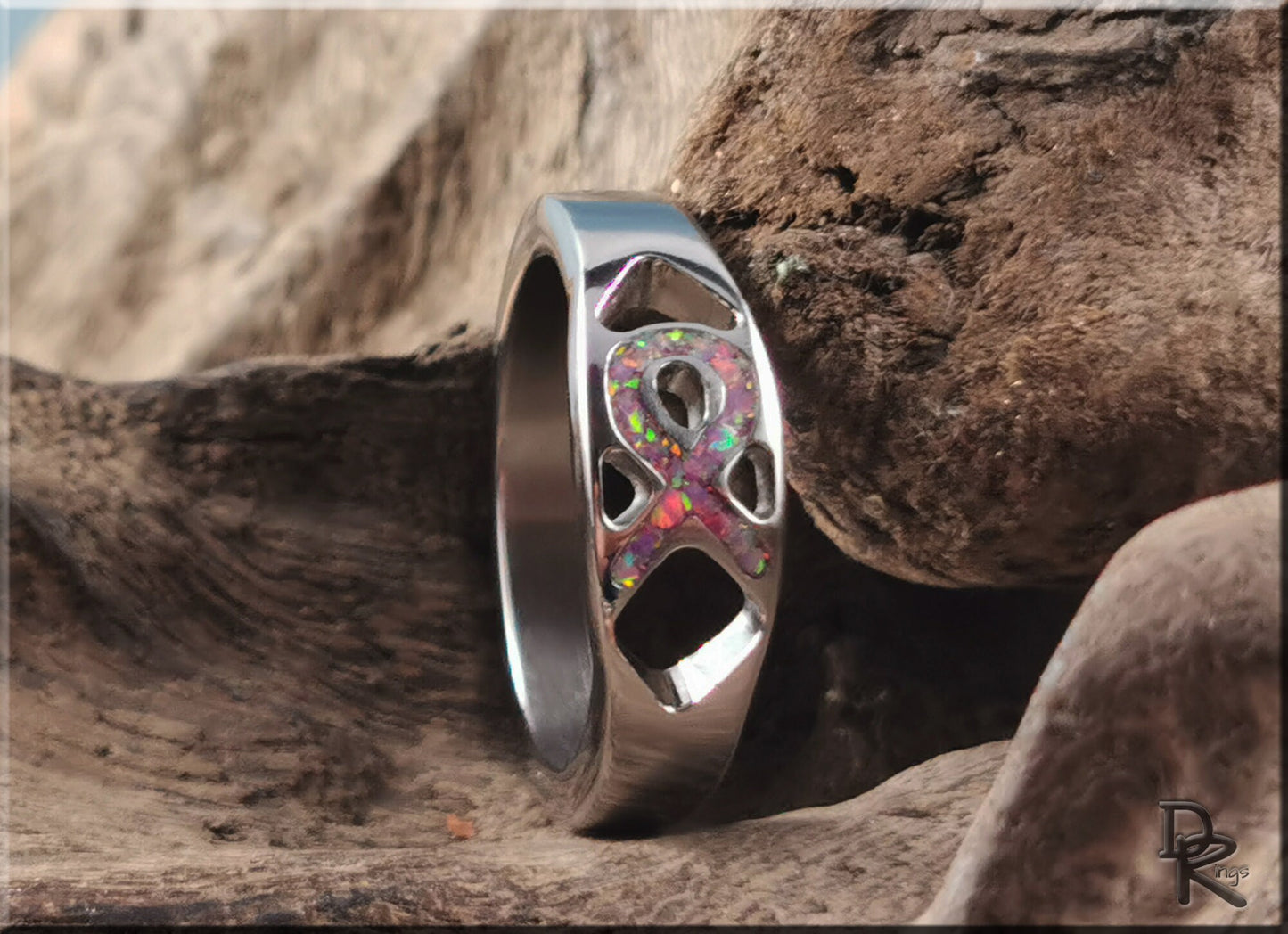 Titanium Awareness Ribbon Ring w/opal inlay - metal ring