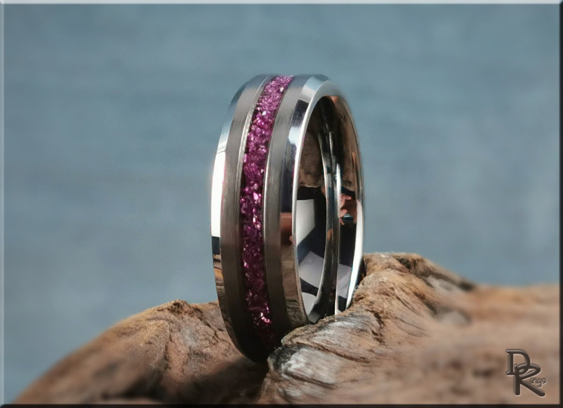 Thin Line Tungsten Carbide Channel Ring w/Lilac German Glass inlay - metal ring