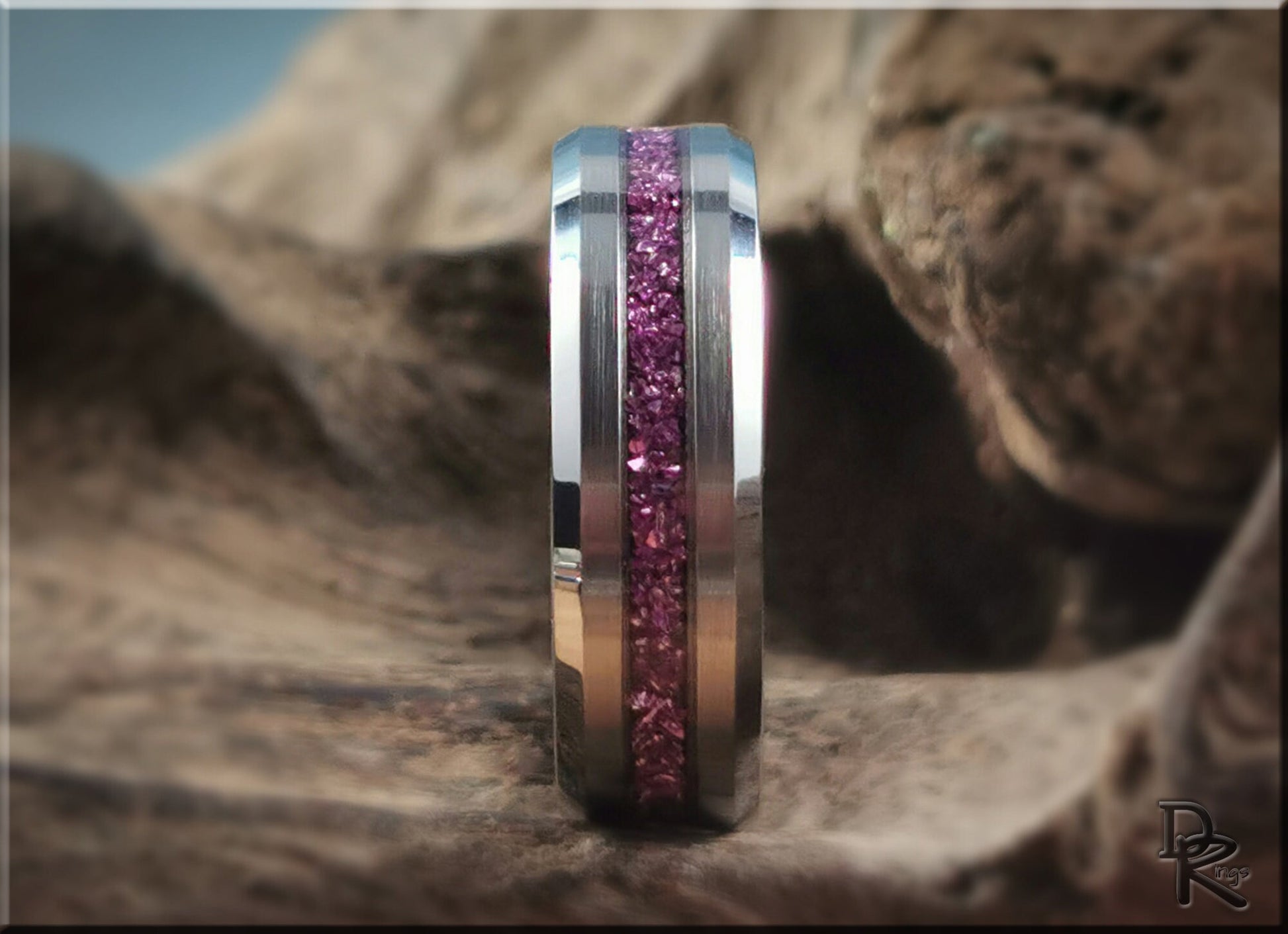 Thin Line Tungsten Carbide Channel Ring w/Lilac German Glass inlay - metal ring